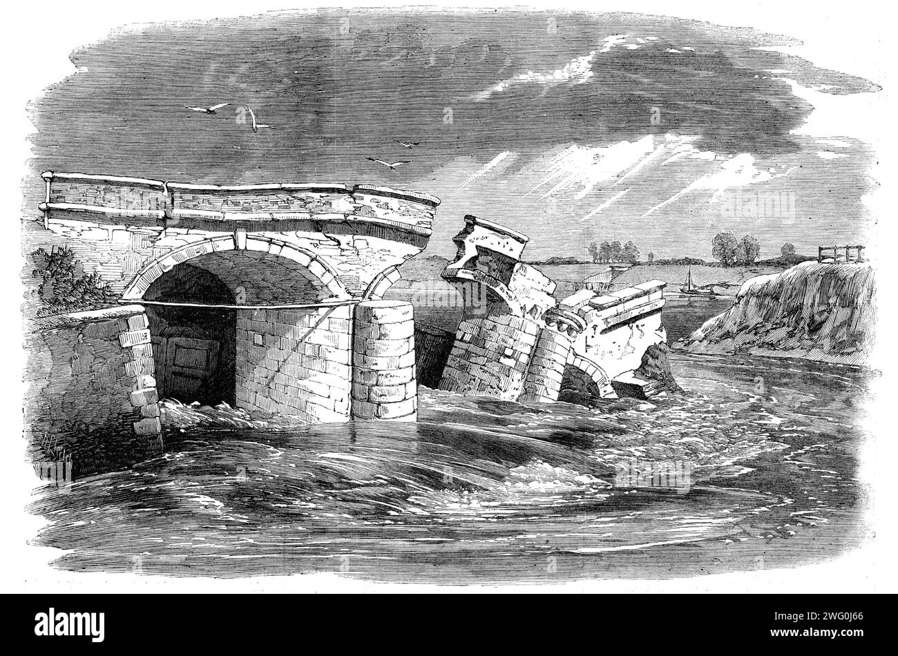 Fall of the middle level sluice on the west bank of the Ouse, about four miles from Lynn, Norfolk, 1862. '...tidal water found its way under the front apron of this sluice, and...before eleven o'clock the two arches gave way...The commissioners have been making great exertions...to make a dam across the main drain...but up to the present time, although many hundred men and horses have been employed, nothing has yet been accomplished to stop the flow of the tide...it is conjectured that from 10,000 to 20,000 acres of rich arable land will be entirely submerged...Such a calamity has not befallen Stock Photo