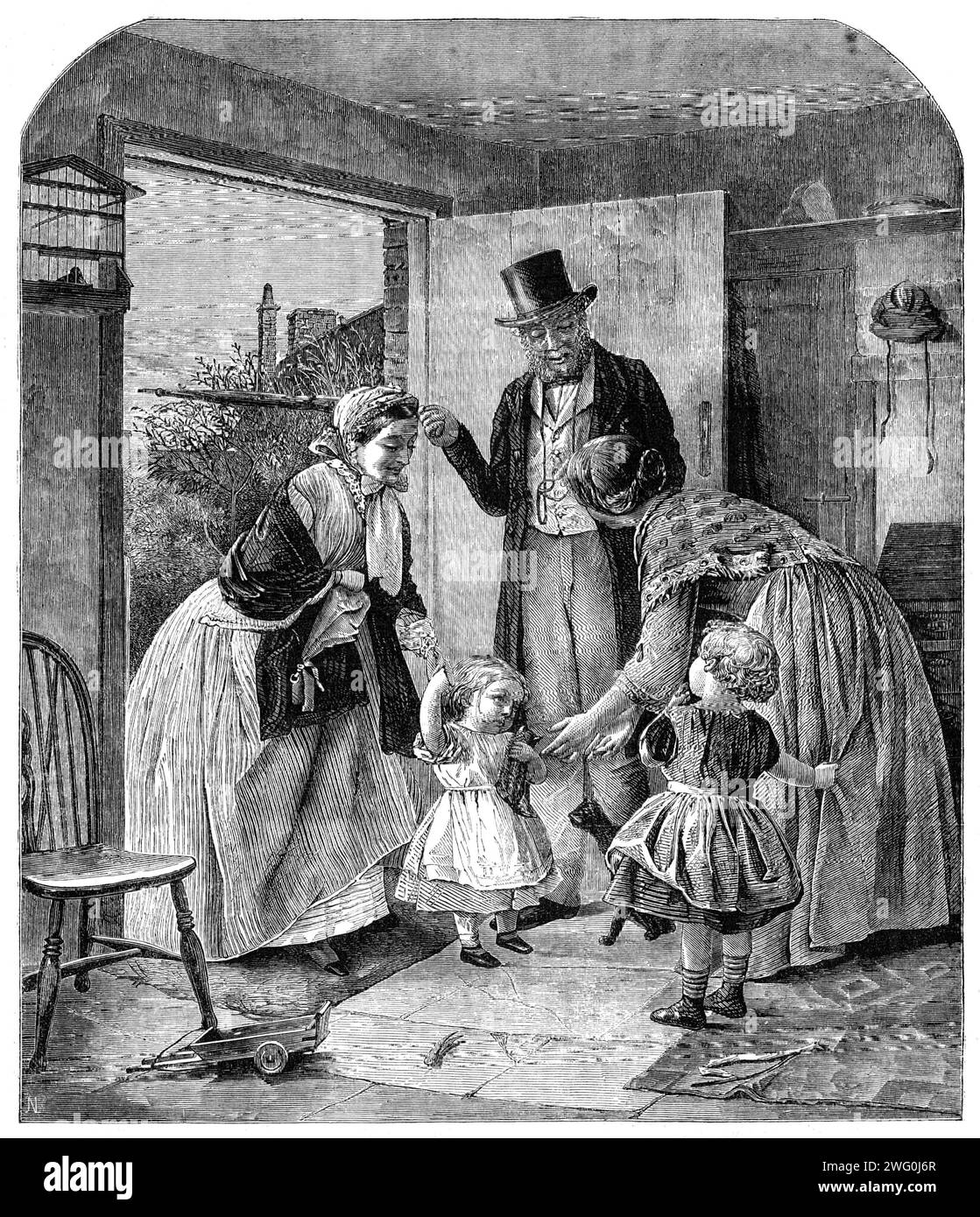 &quot;Restored&quot;, by J. Clark, 1862. Engraving of a painting. '...what charming studies of character are this father and daughter, going perhaps to, or coming from, church! If one could not see her amiable face, you could tell that the daughter is a sweet, unaffected, good-natured girl...Then, look at her father; what worth, what genuine English bonhomie there is in his face! He is advancing in life; his hair is iron-grey; but his heart is, beyond all doubt, still soft as wax, and he bears it openly as the simple wheat-ears he has plucked and placed in the buttonholes of his coat. Why, the Stock Photo