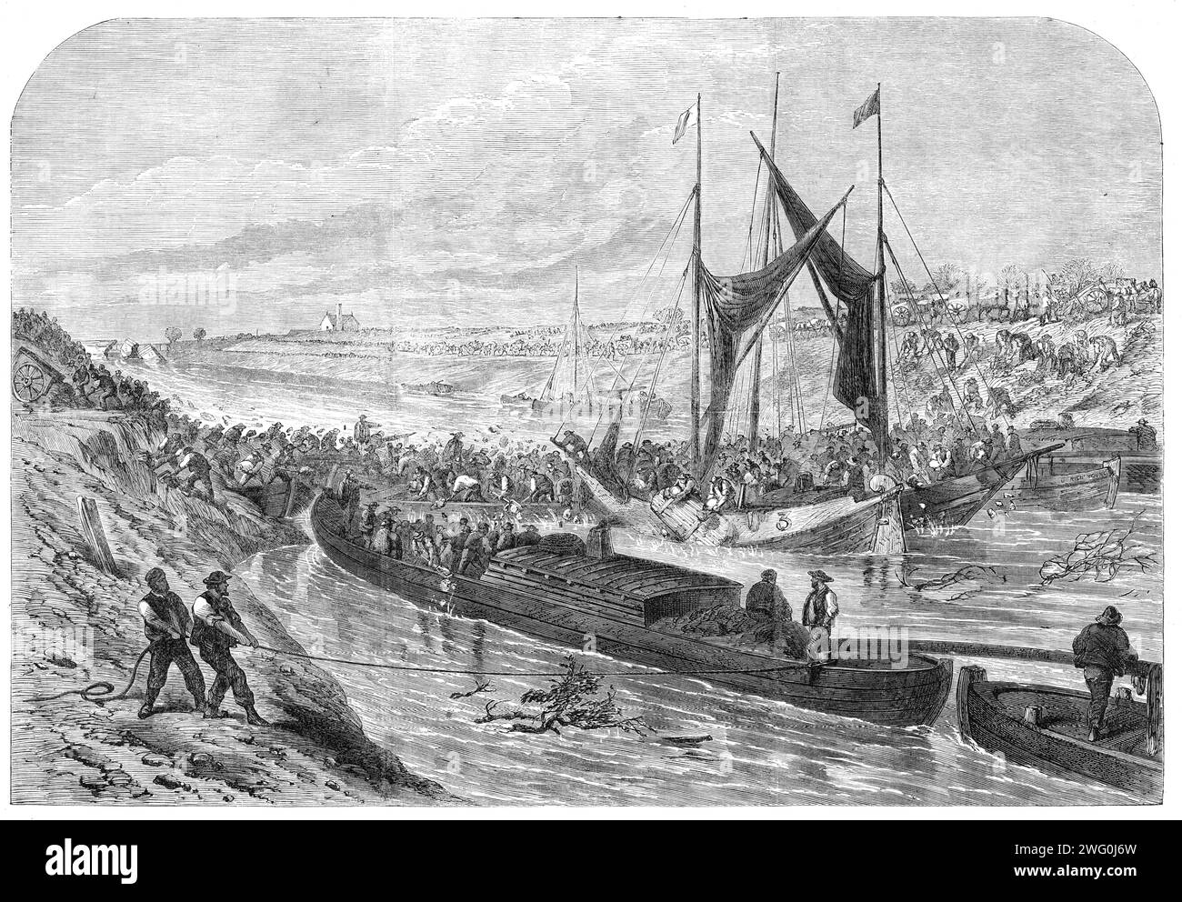 The Great Flood in the Fens: attempt to form a dam in the middle-level drain, 1862. 'The destruction of the sluice connected with the Middle-Level outfall...has been attended with the most serious results. Since this sluice gave way a succession of flood tides has poured into the cut, the banks have been unable to withstand the increased pressure, and the waters are flowing out over all the adjacent farms. Every effort has hitherto been in vain...hundreds of workmen have been employed day and night in driving piles and constructing dams, which the first high tide washes away again in a moment. Stock Photo