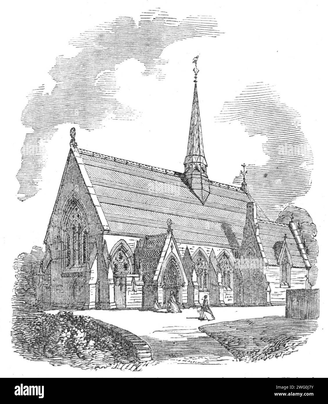 Rosslyn-Hill Chapel, Pilgrim-Lane, Hampstead, [London], 1862. 'The accompanying illustration gives a perspective view of a Unitarian chapel lately erected in Pilgrim-lane, Hampstead, a short distance from the Heath. The style of architecture is Gothic of the Early Decorated period; the material employed is Hassock stone, faced externally with Kentish rag, with dressings of Bath stone. The roof is covered with slate or bands of two colours, and the bell-turret of oak shingle. Internally the roof is of one span, with curved braces. The entrance-porch on the south side conducts to a lobby at a ri Stock Photo