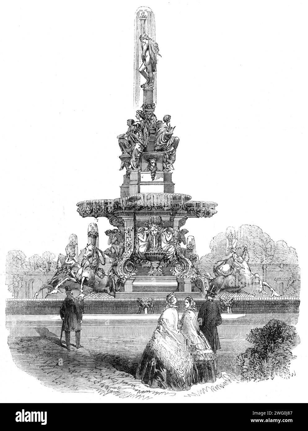M. Dur&#xe8;ne's Fountain in the Horticultural Society's Gardens, [London], 1862. Engraving from a photograph by L. Birnstingl and Co. Fountain designed by Klagmann. 'The very animated figure at its apex has a cornucopia of very luscious fruits surely; for out of the midst of them the water gushes profusely; the female figures mounted on the seahorses in the lower basin are also supplied with baskets full of the same description of fruit, as from the centre pines (should they not be water melons) the water spouts with similar profusion. The seahorses champ their seaweed bridles and show capita Stock Photo