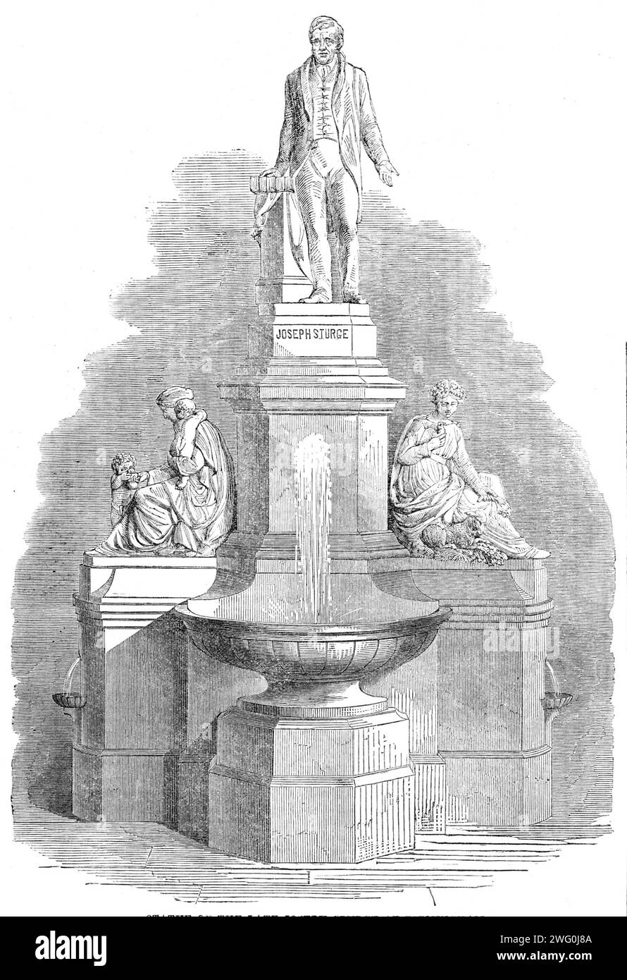 Statue of the late Joseph Sturge at Birmingham, 1862. 'A statue to the memory of Joseph Sturge, the philanthropist...The memorial, which was raised by public subscription, is erected on a good site, at a place called Five Ways...The statue, sculptured by the late Mr. Thomas, is lifelike, and bears a close resemblance to the original. The hand rests upon a Bible which is placed upon a dwarf column...The left hand is stretched forth as though Mr. Sturge was in the act of addressing an assembly. Upon the base to his right is a figure of Charity, her left arm encircling an infant, while in her rig Stock Photo