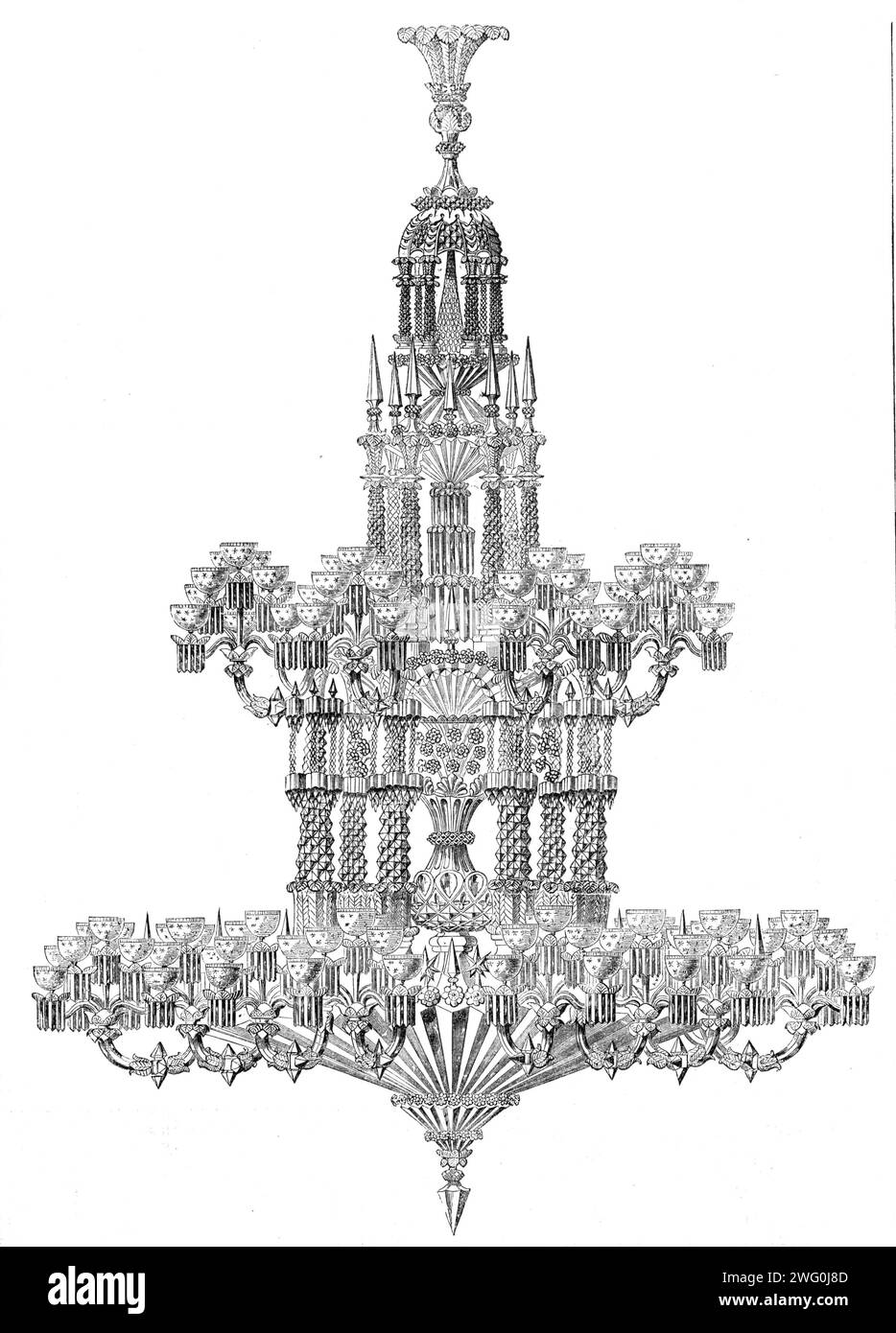 The Great Chandelier by Defries in the International Exhibition, 1862. The 'largest chandelier in the world', made from '...thousands of pieces of cut and polished glass, weighing altogether about three tons. This amazing bulk, however, was the cause of a mistaken alarm...for, upon the falling of two or three of the prisms, the space beneath was railed off and protected by a body of police...It was shown, however, that the frame and fastenings had been tested to more than three times the weight of the chandelier, and that the fall of the prisms was only to be attributed to some negligence on t Stock Photo