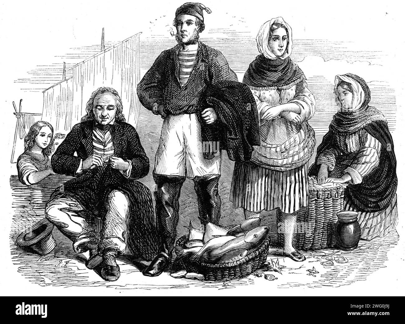 Newhaven fishermen and fishwives, 1862. '...the fisheries are one of the chief natural resources of Scotland...At Newhaven, near Edinburgh, there is a seat of the white fishery...In former times the women of Newhaven used to carry the fish caught by their husbands to Edinburgh and hawk them through the streets; and strangers visiting the metropolis of Scotland used to stare in wonderment at the stalwart dames in picturesque petticoats and manlike jackets...pursuing their useful calling...except suffering an occasional loss of nets or lines by means of a passing storm, [the fisher folk] are not Stock Photo