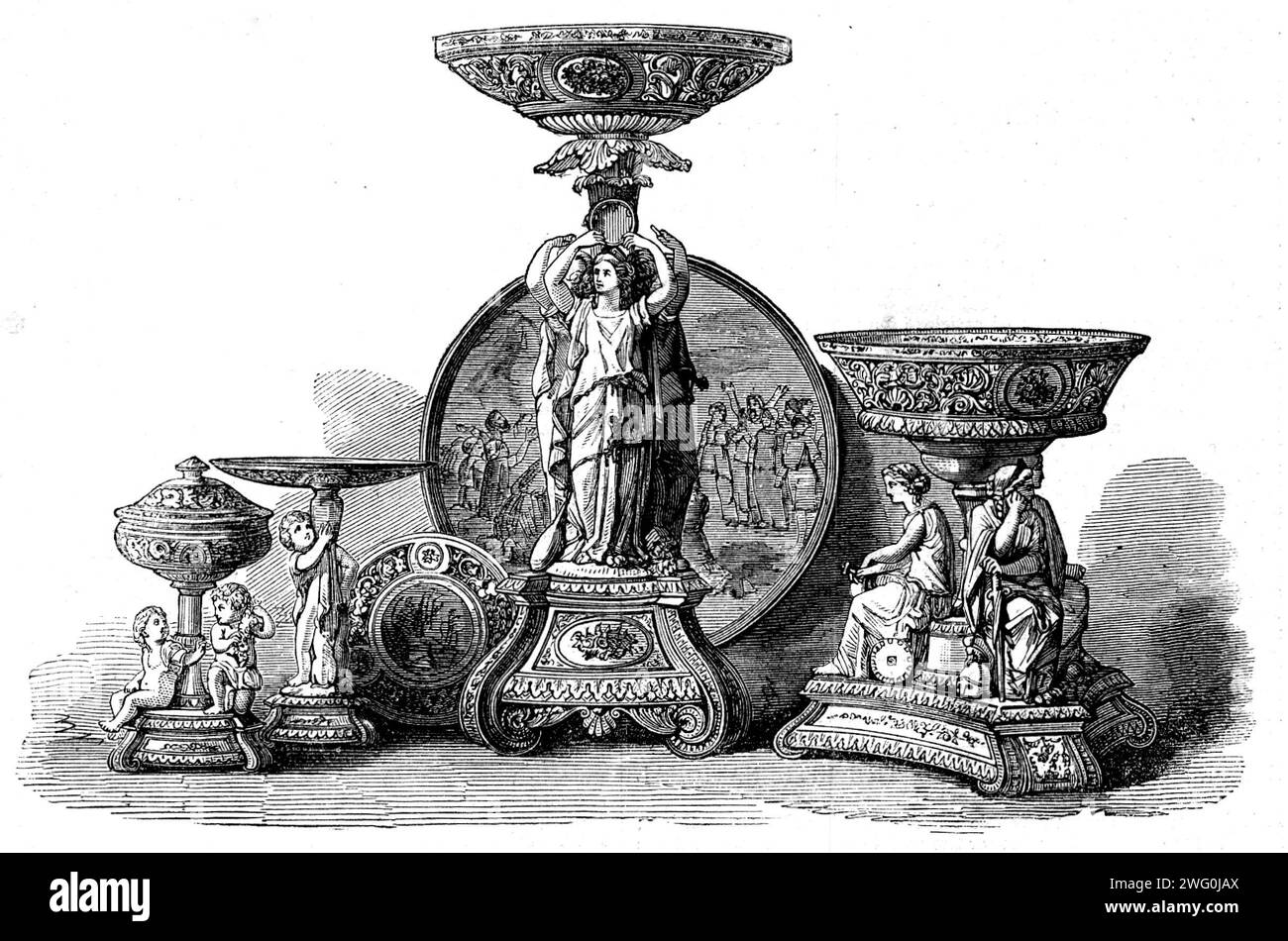 The International Exhibition: Group of porcelain articles by Sir James Duke and Nephews, 1862. '... a dessert service, together with a plateau in imitation of the Italian majolica ware...The plateau contains &quot;The Worship of the Golden Calf,&quot; painted by Mr. George Eyre...The centrepiece consists of a rich base, on which rests a florid pedestal surrounded by three female figures and a tazza resting on the pedestal. The tazza and base are in porcelain and the pedestal and figures in Parian. The tazza is perforated and enriched with gold, magenta pencillings, and mauve bands; and also by Stock Photo