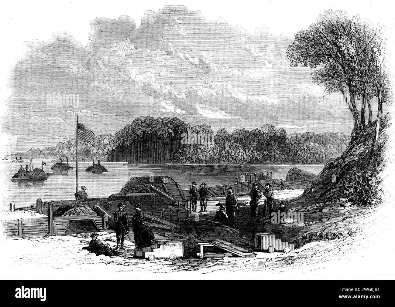 The Civil War in America - portion of the water batteries at Fort Pillow, on the Mississippi, after the evacuation - looking up the river - from a sketch by our special artist, 1862. From &quot;Illustrated London News&quot;, 1862. Stock Photo