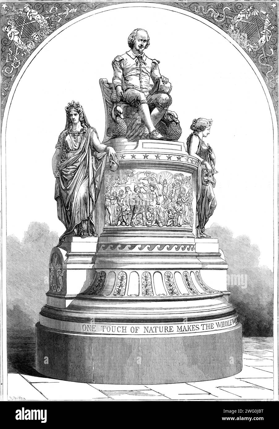 Plaster Monument of Shakspeare, modelled by the late J. E. Thomas, 1862. 'It was designed not merely as a portrait-statue, but as a national monument...the poet is elevated on a lofty and massive pedestal decorated with bas-reliefs, and there are...two lateral allegorical figures of Comedy and Tragedy...The great poet holds a pen in one hand and loose manuscript in the other...Great praise, however, is also due to the sculptor for...the felicitous composition, and the careful modelling of the principal characters, male and female, of Shakspeare's plays in the gilt bas-reliefs which decorate th Stock Photo