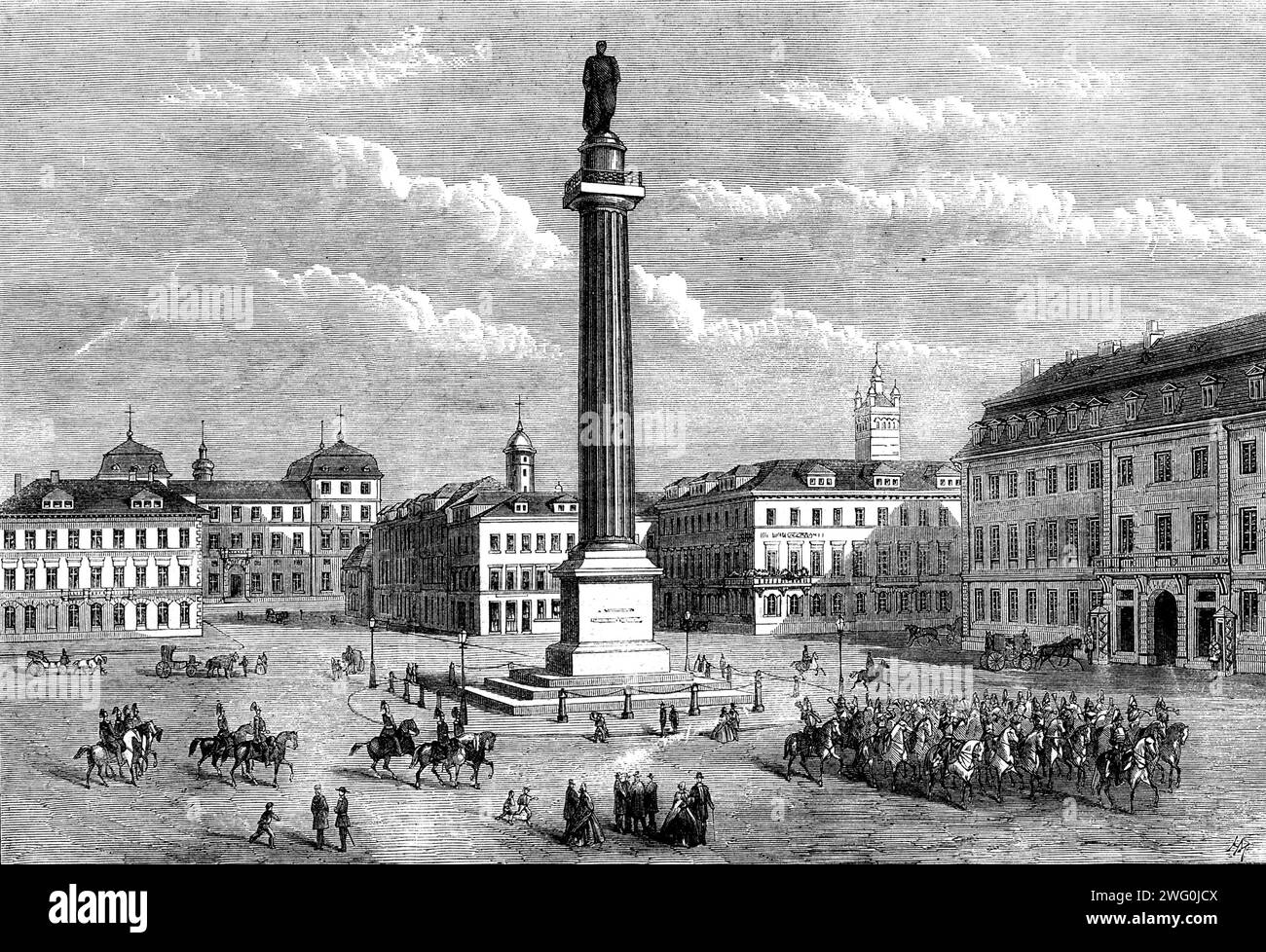 The Louisen Platz (or Square), Darmstadt, [Germany], 1862. 'The Grand Ducal Palace, the Ludwig Monument, the Hotel Traube, palace occupied by Prince and Princess Louis...the finest public square [is] the Louisen Platz. In its centre is a Doric column surmounted by a statue of Duke Louis I...Around it are a number of lofty and elegant mansions, among others the new palace, the residence of the Grand Duke, built at the commencement of the present century, but, though sufficiently commodious, not of much architectural merit. Other buildings deserving of notice are the old palace, a large pile of Stock Photo