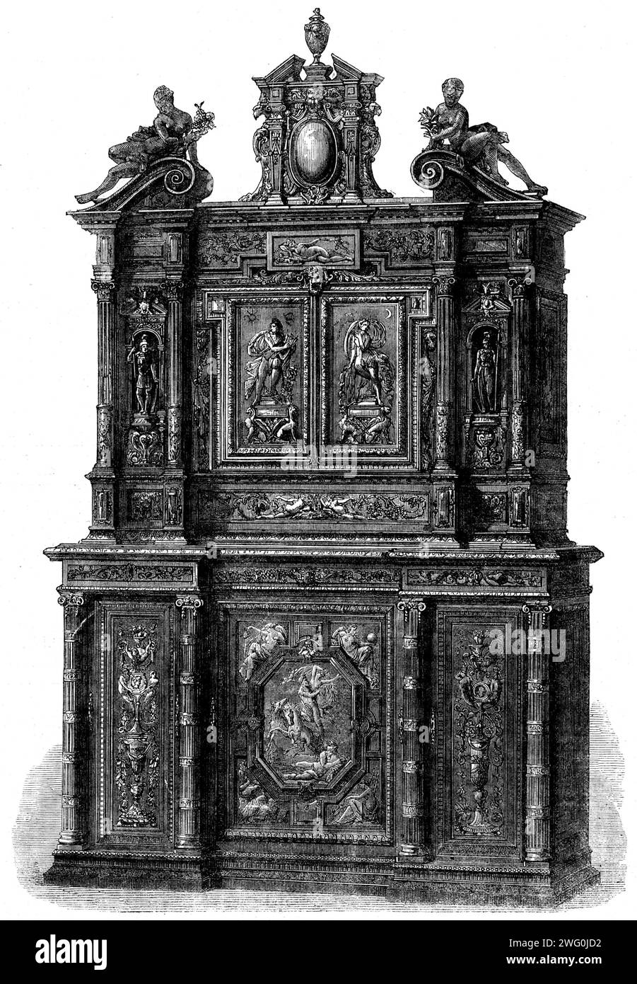 The International Exhibition - carved ivory [sic] cabinet, by H. Fourdinois, 1862. Piece of furniture made of ebony, '...richly carved in the Renaissance style, the lower portion being divided into three sections by four columns of a somewhat Corinthian character. The central portion is panelled, and has carved upon it in low relief...the Abduction of Proserpine; and this is surrounded by four comer panels, in which are represented Painting, Sculpture, Science, and Literature. The upper portion...has a pair of doors, one of which has Apollo as Morning, and the other Diana as Evening...Immediat Stock Photo