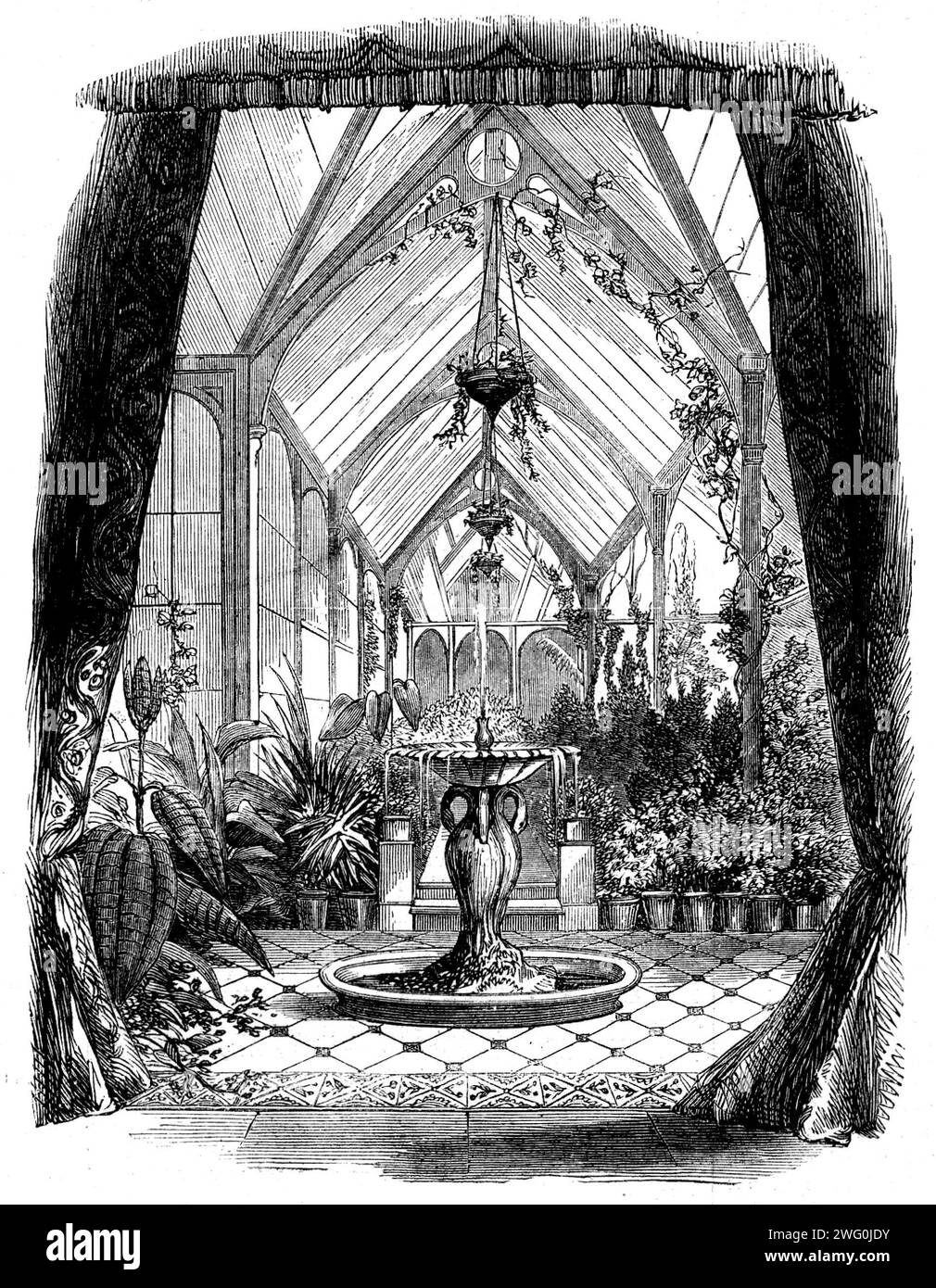 The marriage of Princess Alice with Prince Louis of Hesse: St. Clare, Isle of Wight, the temporary abode of their Royal Highnesses: The Conservatory, St. Clare, 1862. '...the Royal bride and bridegroom retired to St. Clare, at Spring Vale, the residence of Colonel and Lady Katherine Vernon Harcourt...[It was] selected by the Queen for the honeymoon of the Prince and Princess...on account of [its] beautiful situation'. From &quot;Illustrated London News&quot;, 1862. Stock Photo