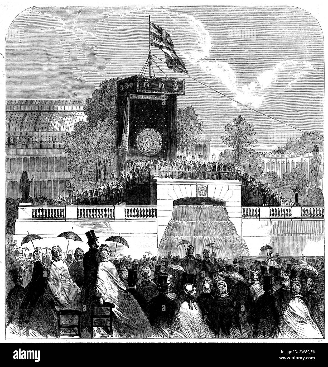 Portion of the State Ceremonial on the Upper Terrace of the Horticultural Society's Gardens, [South Kensington, London], 1862. 'In the Horticultural Gardens a dais, with the throne which had been used at the opening ceremonial, was erected over the site intended for the memorial of the Exhibition of 1851. In the conservatory on the terrace the Royal Commissioners for 1851, the Lord Mayor, the Council of the Society of Arts, the Council of the Horticultural Society, and the members of the Finance and Building Committees, had assembled; and there also assembled the Duke of Cambridge and the spec Stock Photo