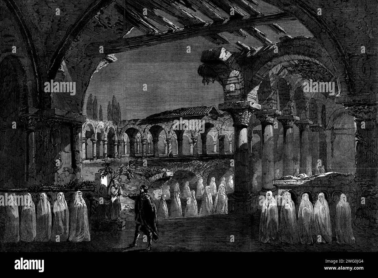 The Nun Scene in Act III. of &quot;Robert le Diable&quot; at Her Majesty's Theatre, 1862. London stage production. '...the scene in the third act of this celebrated opera...in which the nuns buried in the ruined cloisters of the old abbey, under the spell of the fiend Bertram, &quot;revisit the glimpses of the moon&quot;, and come gliding in from every side, a ghastly band clad in the habiliments of the grave. This scene is represented by the painter, Mr. William Callcott, with great pictorial power, and its effect is in the highest degree unearthly and appalling'. From &quot;Illustrated Londo Stock Photo