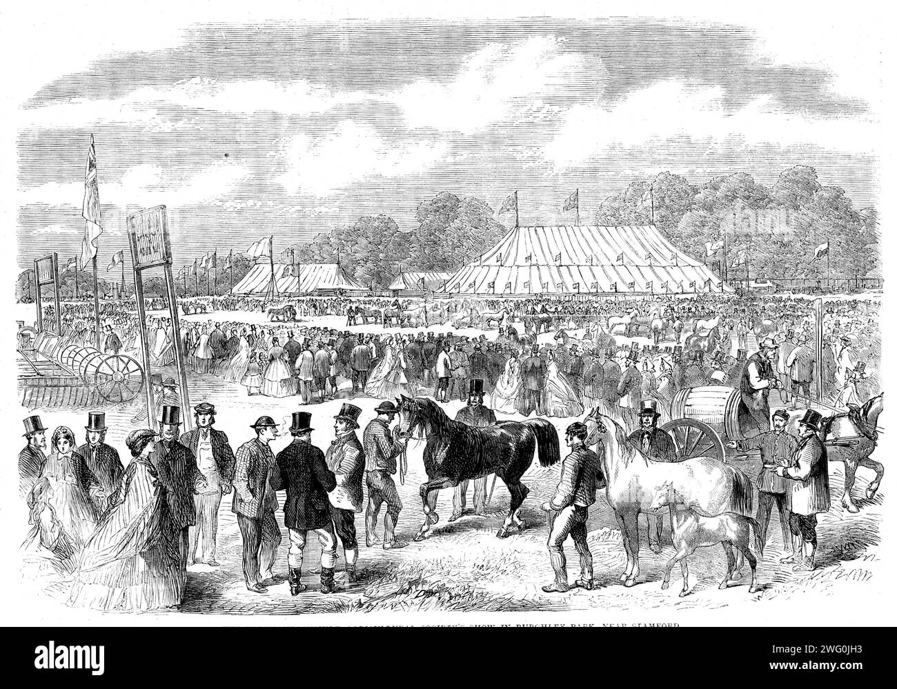 The Northamptonshire Agricultural Society's show in Burghley Park, near Stamford, [Lincolnshire], 1862. 'From the Lord Lieutenant to the gentle shepherd, the cunning worker in iron and the humble cultivator of kidney potatoes, has each alike his place and distinction. Ladies, indeed, have not solely their fruits, and flowers, and plants to attract them, but, the old boorish, selfish system being now utterly uprooted, are specially invited by a line on the titlepage of the catalogue to grace the dinner with their presence. This county meeting [on the Marquess of Exeter's estate], is by no means Stock Photo