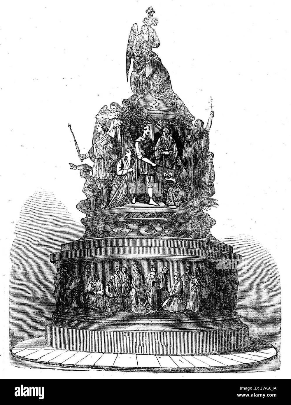 Column erected at Novgorod to commemorate the completion of a thousand years of Russia's nationality, 1862. 'The principal figure on the Novgorod Memorial represents Ruric arriving, sword in hand, among the Slavonians. Above him are personifications of the Russian people and of the &quot;Orthodox&quot; (i.e. Russo- Greek) Church; and on scrolls encircling the monument, which is of bronze and in the shape of a bell, are representations of patriots and martyrs, warriors, priests, and poets who have distinguished themselves in Russia, in Lithuania, and even in East Galicia, which, as every one kn Stock Photo