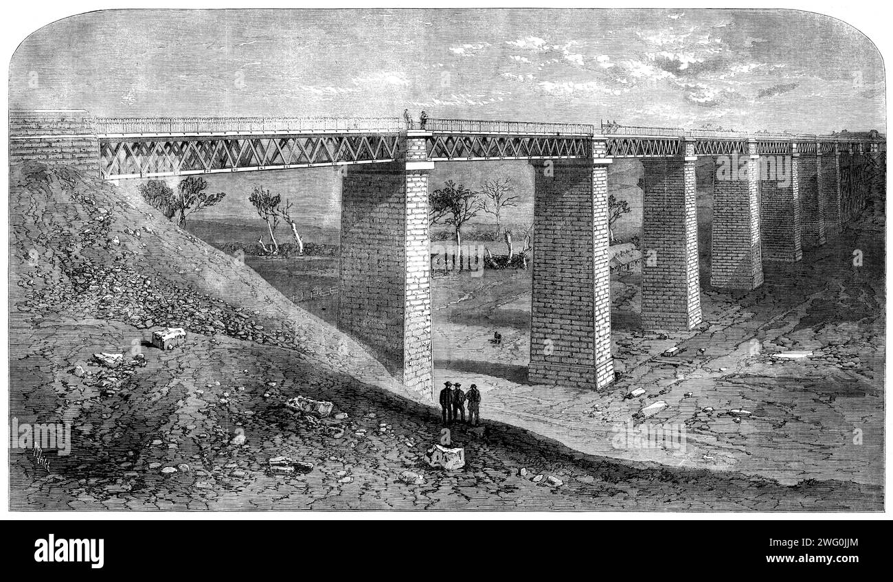 The Moorabool Viaduct on the Melbourne and Ballarat Railway, Australia, 1862. In 1851, gold was discovered near Ballarat, sparking the Victorian gold rush. 'The railway having been formally opened, great was the rejoicing of the Ballaratians, who are sanguine in the expectation of a marked increase in the prosperity of their township in consequence...The piers are spanned by iron latticed girders, each span being 130ft. The weight of the girders is about 1500 tons. The original design of the line, including that of the viaduct, is due to Mr. Darbyshire; but upon his successor, Mr. Higginbotham Stock Photo