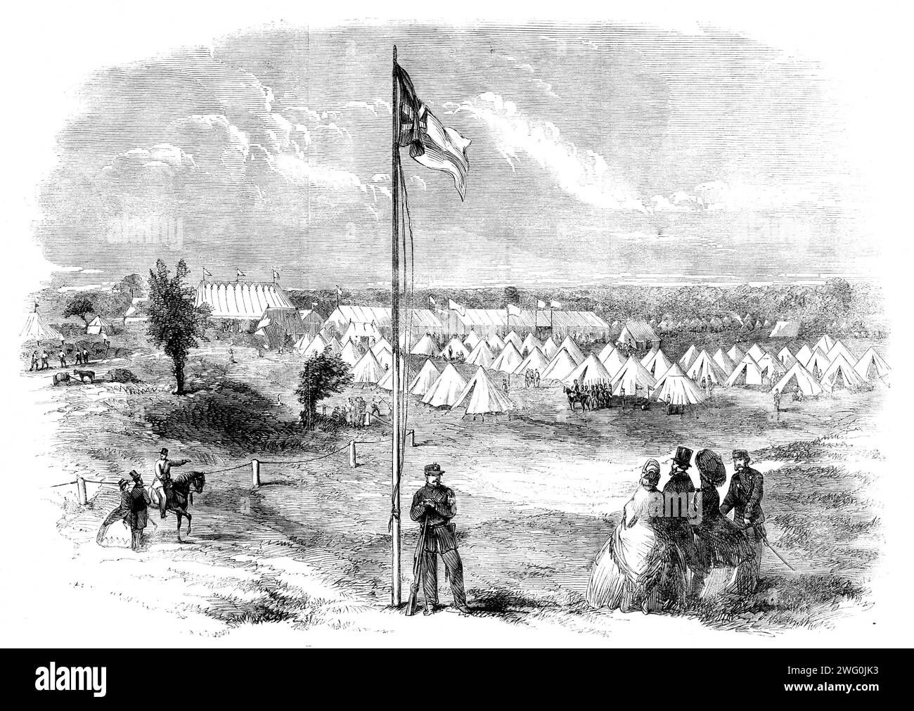 General view of the volunteer camp on Ascot Heath, [Berkshire], 1862. The '...second annual encampment and prize meeting of the Berkshire and Surrey volunteers...The camp was situated in a sheltered position in front of the Grand Stand, about half a mile from the Ascot station; and the tents were pitched, in parallel lines, on ground marked out according to military principles. The regulations were admirably carried out, and the volunteers adapted themselves to the novelty of camp life with the ease and coolness of old campaigners...there was a succession of rifle-shooting at various ranges fo Stock Photo