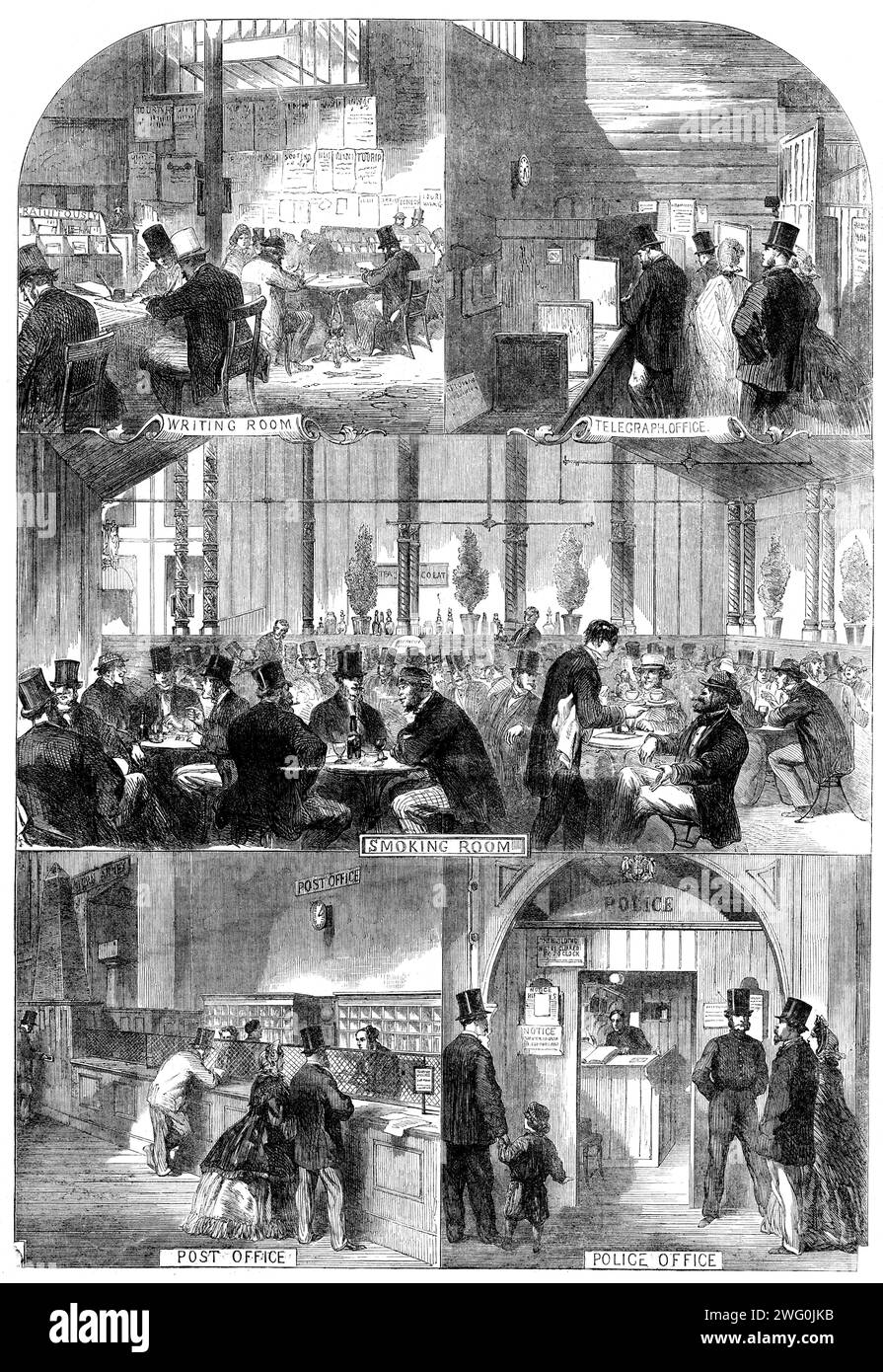 The International Exhibition - Writing Room; Telegraph Office; Smoking Room; Post Office; Police Office, 1862. 'In the centre of the Letter-writing Room are tables, and every requisite for writing letters, and postage-stamps may also be obtained at the counters...The English smoking-room...has an American bar, where, of course, you may obtain any of the American &quot;sensation&quot; drinks...or any of the innumerable varieties of slings, juleps, cobblers, cocktails, and smashes...The usefulness of the post and money-order office is proved by the fact that no less than 211,500 letters, &amp;c, Stock Photo