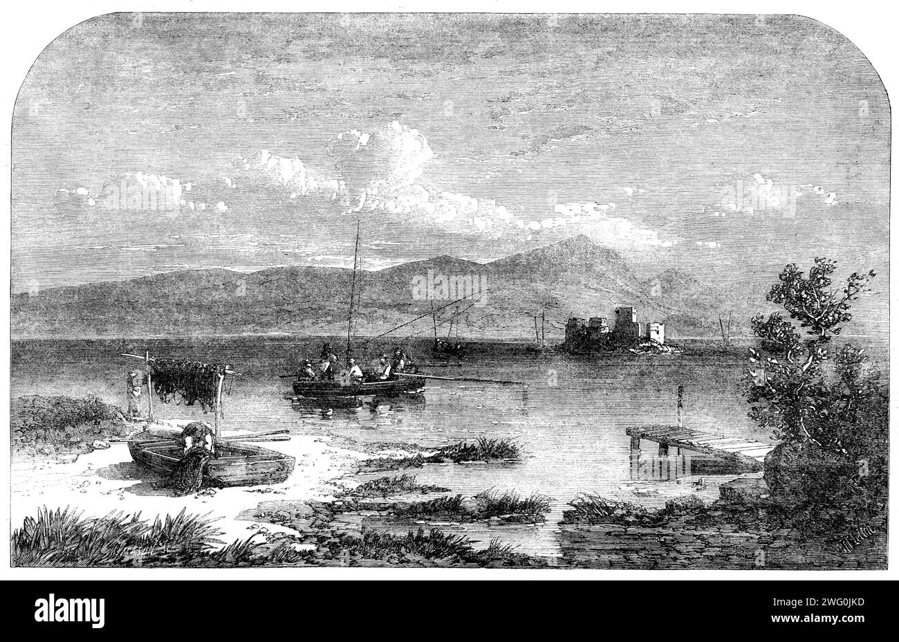 Freshwater fishes: angling in Scotland - an angling match on Loch Leven, 1862. Engraving from a sketch by J. R. Prentice. 'Little can be said by naturalists about this fish except that it is a speciality among trout; and, although some learned people consider it identical with Salmo fario, we beg to differ with them never having found, in all our piscatorial wanderings a marrow to the trout of Loch Leven. These fish spawn in the beginning of the year and about the end of April are sufficiently recovered for the pursuit of the angler... The fine flavour and rich colour of the trouts of Loch Lev Stock Photo