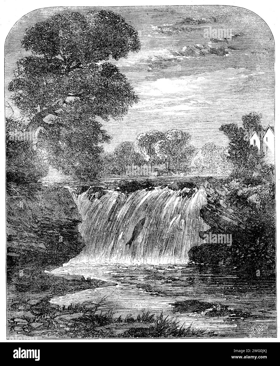 Freshwater fishes: angling in Scotland - salmon-leap on the River Allan, [Scotland], 1862. View of '...the active fish attempting to get into the upper waters in order to reach his spawning-ground...As many as eighty salmon have been captured in a pool while they were waiting to gain the upper water. Fish often kill themselves in their attempts to ascend, but we have seen them spring ten or twelve feet with great ease, and so gain the upper stream...There is a fine story told apropos of a salmon leap at the Fall of Kilmorac, on the Beauly, in Invernessshire. It is said that the Frasers of Lova Stock Photo