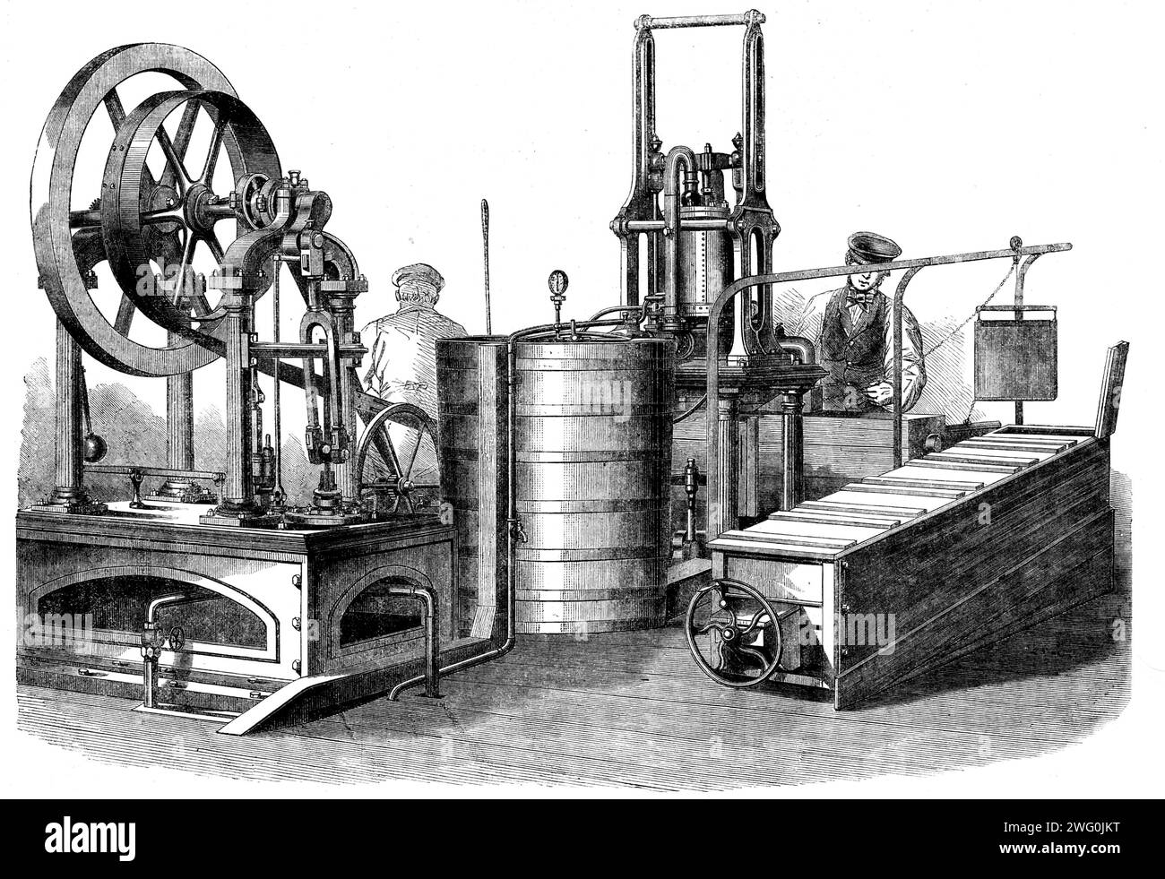 The International Exhibition: Siebes' patent ice-making machine, from a photograph by the London Stereoscopic Company, 1862. 'Ice is now getting to be much more generally used than formerly; the demand for it is constantly increasing, and we have no doubt that in a few years a block of ice proportioned to the requirements of the family will be delivered every morning through the summer months as regularly as is now the case with milk...The great point in this machine is its perfect independence of all external, thermal, and atmospheric influences, which renders it equally effective in any clim Stock Photo