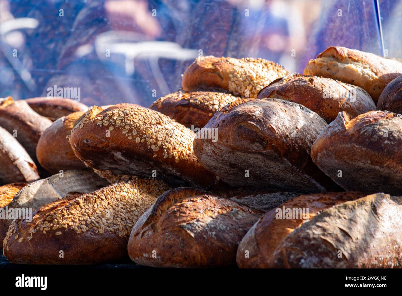 Freshly baked Sourdough breads at an open air market in Sydney, Australia in the early morning Stock Photo