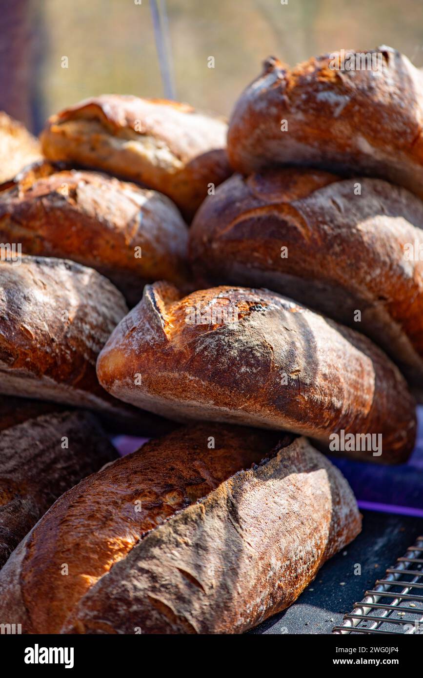 Freshly baked Sourdough breads at an open air market in Sydney, Australia in the early morning Stock Photo