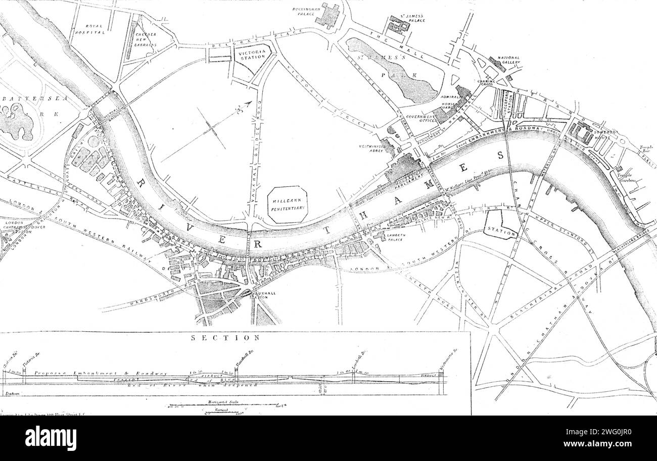 Plan of the Thames Embankment, 1862. 'The commissioners...recommend that an embanked roadway of about two miles should be formed between Westminster-bridge and Battersea Park, commencing at the east abutment of Westminster-bridge, on a viaduct...opposite the Houses of Parliament, as far as Bishop's-walk; thence on a solid embankment to the north side of the London Gasworks; continued under Vauxhall-bridge as far as Nine Elms...and thence, on a solid embankment, passing under the land arch of the railway bridge and terminating at the approach road of the new suspension-bridge at Battersea. The Stock Photo