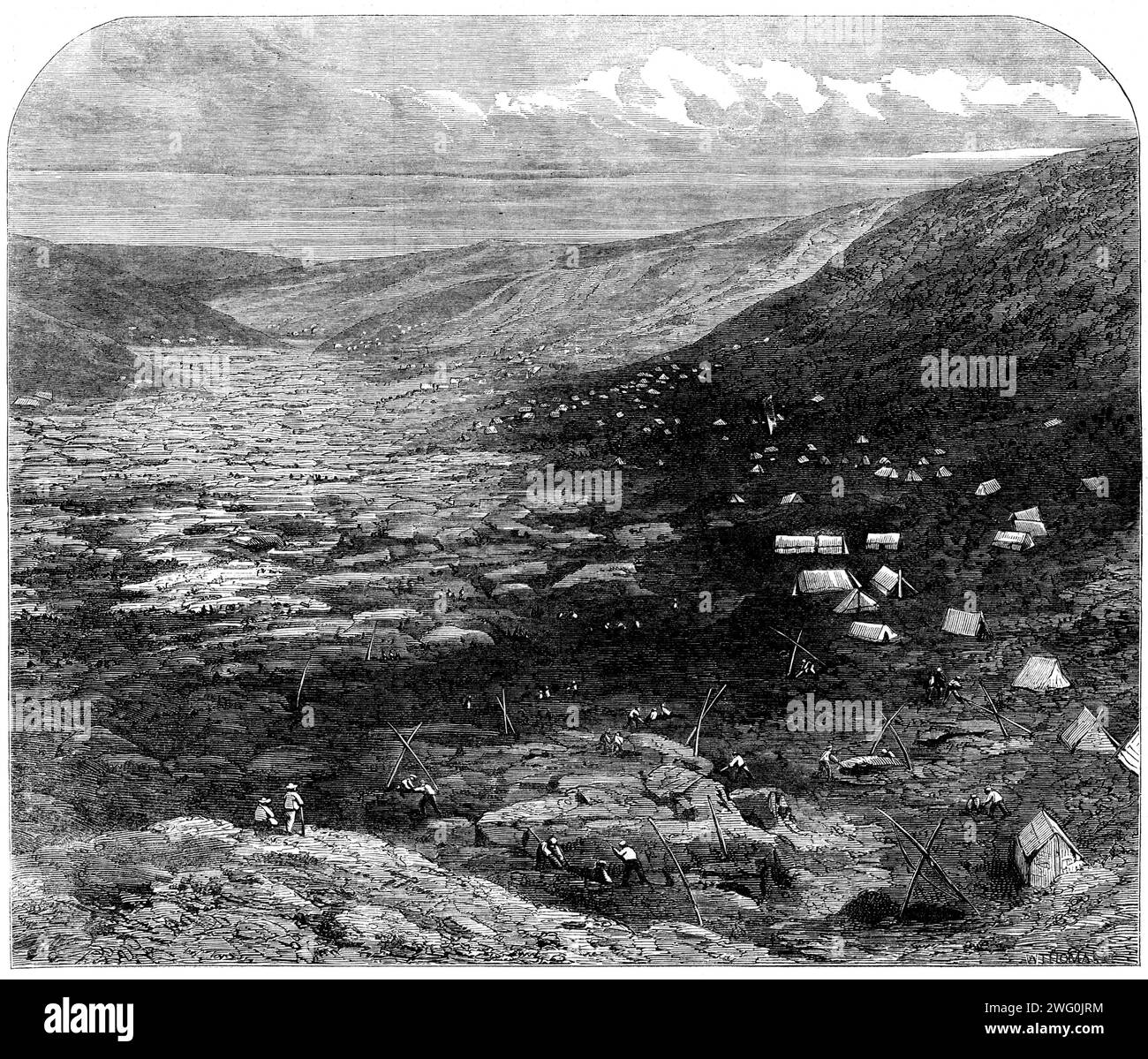 The Tuapeka Goldfields, Otago, New Zealand, 1862. 'The province received a great impetus in June, last year, by the discovery of goldfields situated on a stream called the Tuapeka...The immediate effect was to attract immigrants from Australia and from the neighbouring New Zealand provinces, and since then the population of Otago has doubled, being now estimated at upwards of 25,000. In the space of little more than half a year...gold to the value of more than a million sterling had been exported from Dunedin, and that small body of settlers have suddenly found themselves raised to circumstanc Stock Photo