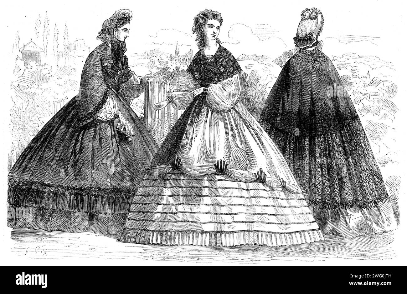Paris fashions for September, 1862. 'Fig. 1. Dress for a Morning Visit. Dark slate-coloured silk dress...The flounce is composed of a black silk fluting...which serves likewise for the trimming of the large open sleeves lined with white silk. Slate-coloured bonnet, ornamented with a long feather of the same colour, and provided with a crimson bavolet, black silk strings, and a rose...Narrow linen collar, &#xe0; la Parisienne. Fig. 2. Dress for an Evening Party. Robe of white tarlatan...[with] a narrow fluted flounce, surmounted by seven rows of black velvet, above which is a tarlatan drapery, Stock Photo