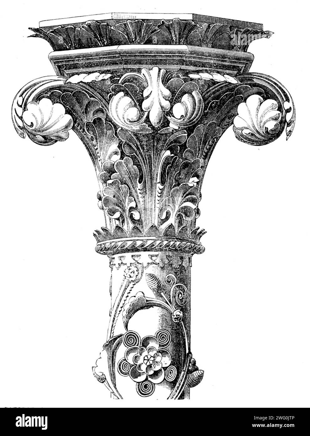 The International Exhibition: capital and portion of shaft of column from the Hereford Screen, designed by G. G. Scott, R.A., manufactured by Skidmore's Art-Manufacturers' Company, Coventry, 1862. 'This work...the grandest and most triumphant achievement of modern architectural art...the largest art-work in metal of which we have knowledge...fitly illustrates the most glorious scene ever enacted on this earth - the Ascension of our Lord... In the cusped oval in the centre of the work, standing upon a capital round which the passion-flower is arranged with peculiar skill, is the Saviour risen a Stock Photo