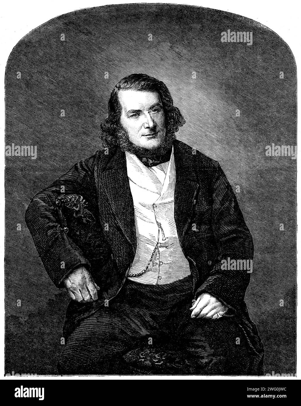 The late John Thomas, sculptor, 1862. Thomas '...commenced life as a tombstone letter-cutter...he devoted his whole energy to...acquire skill and knowledge as a carver...[The architect] Sir C. Barry...was so satisfied of his capabilities that he...[engaged] him to superintend the whole of the ornamental decorations at the new Houses of Parliament...It was through [Sir Morton Peto's] introductions and influence, and his own great merit, that he emerged from the simple carver to become a very eminent sculptor and architect...He designed and executed...numerous works for the Sultan's Palace at Co Stock Photo