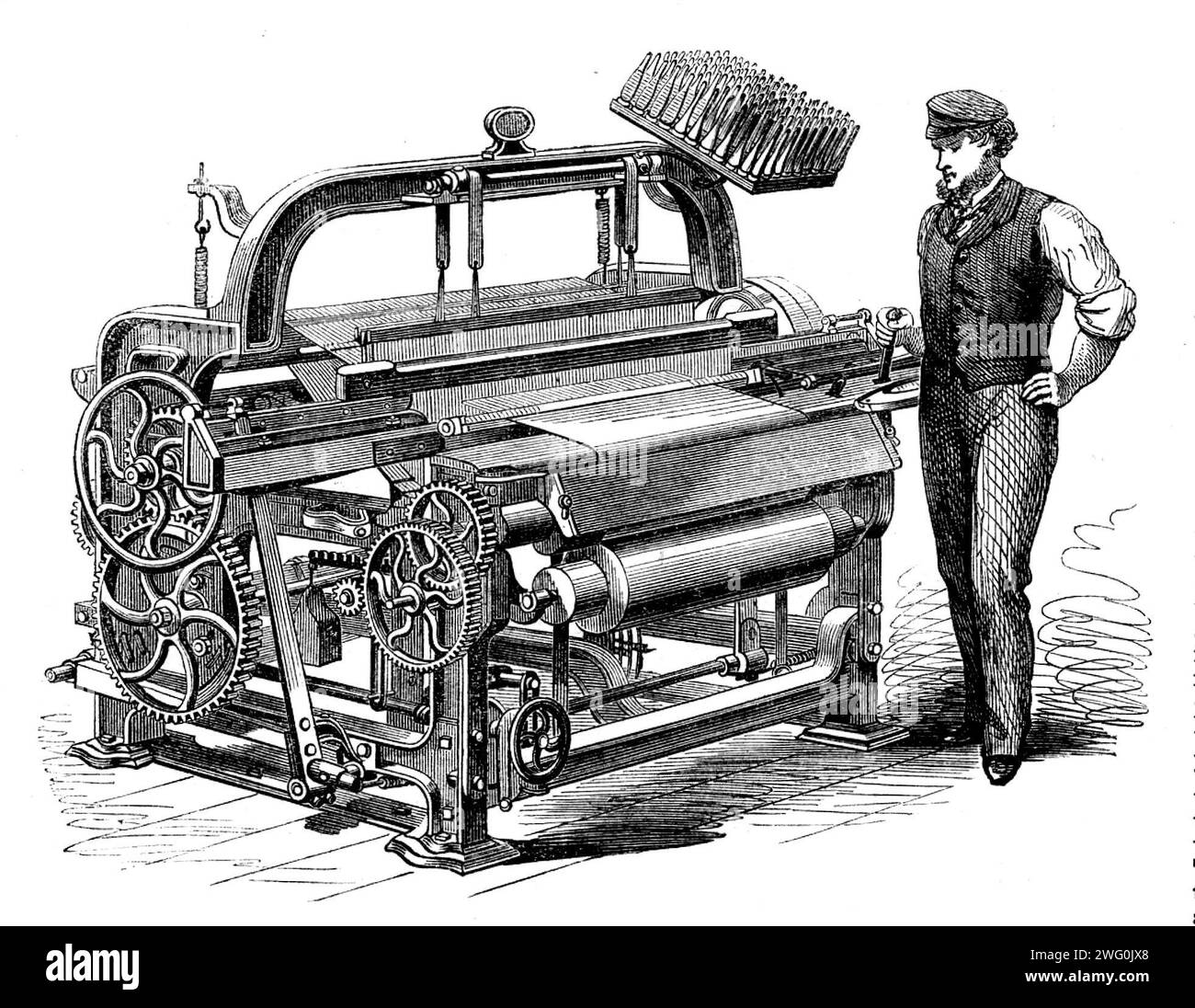 The International Exhibition: Messrs. Harrison and Son's power-loom for weaving flax, 1862. 'This loom combines many important improvements. It is supplied with a self-acting positive letting-off motion, which delivers the warp as required by the taking-up motion for the cloth, which motion is also positive. These two motions work in concert, and with such precision that the warp is delivered from the yarnbeam with the same regularity when the beam is almost empty as when it is full. The taking- up roller of this loom is covered with a patented description of surfacing material instead of that Stock Photo