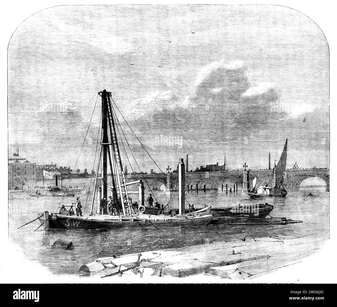 Commencement of the Thames Embankment: driving the first pile in front of the Duke of Buccleuch's mansion, [London], 1862. An '...important work was very nearly spoiled, and for some time interrupted, not by the Sovereign, but by a Duke, who had possessed himself of some Government leases, and the battle of the &quot;Thames Embankment,&quot; memorable for the mistakes of a Secretary of State and the imperturbable good humour and pluck of the Prime Minister, was fought out with considerable skill and much acerbity. The popular side gained; and the Duke of Buccleuch, if he should ever inhabit hi Stock Photo