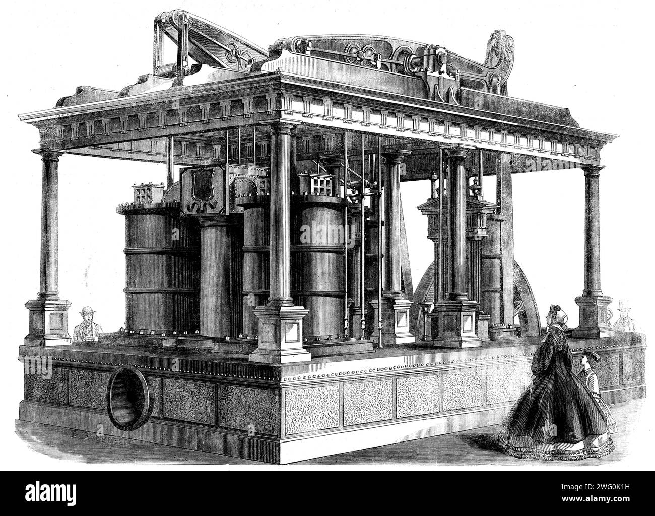 The International Exhibition: blast-engines by the Lilleshall Company, Shiffnal, Shropshire - from a photograph by the London Stereoscopic Company, 1862. This...fine pile of machinery, beautifully designed and built...consists of a pair of blowing-engines adapted to the use of blast-furnaces. There are four cylinders...The engines are of 45-horse power each...The cylinders stand upon an iron base of a highly ornamental character: around the outer edge of it are placed a range of columns standing upon appropriate plinths. The columns are eight in number, Roman Doric in character, and supporting Stock Photo