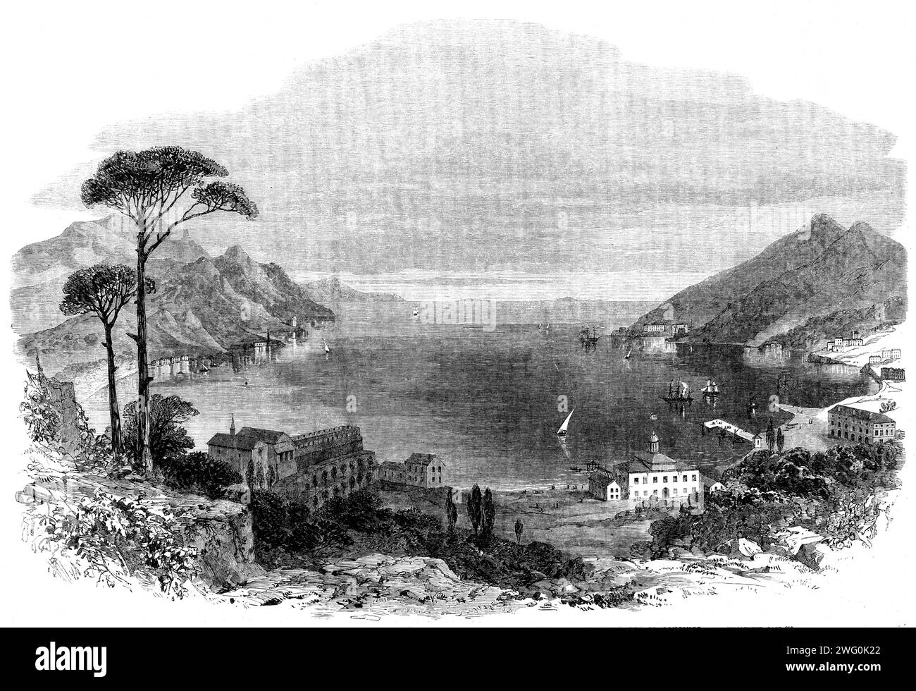 View of the Gulf of Spezia [in Italy]: showing the house at Varignano in which Garibaldi is confined, 1862. 'The Gulf of Spezia...takes its name from the town of Spezia, which lies at its head. The gulf...is surrounded on all sides, except on the south, by lofty mountains, which shelter its waters from nearly every wind. Its shores are curved, by the descending spurs of the mountains, into several coves...in each of which several ships of war can lie in perfect security. One of these coves is lent to the American Government and another to the Russian Government, to serve as depots to the ships Stock Photo