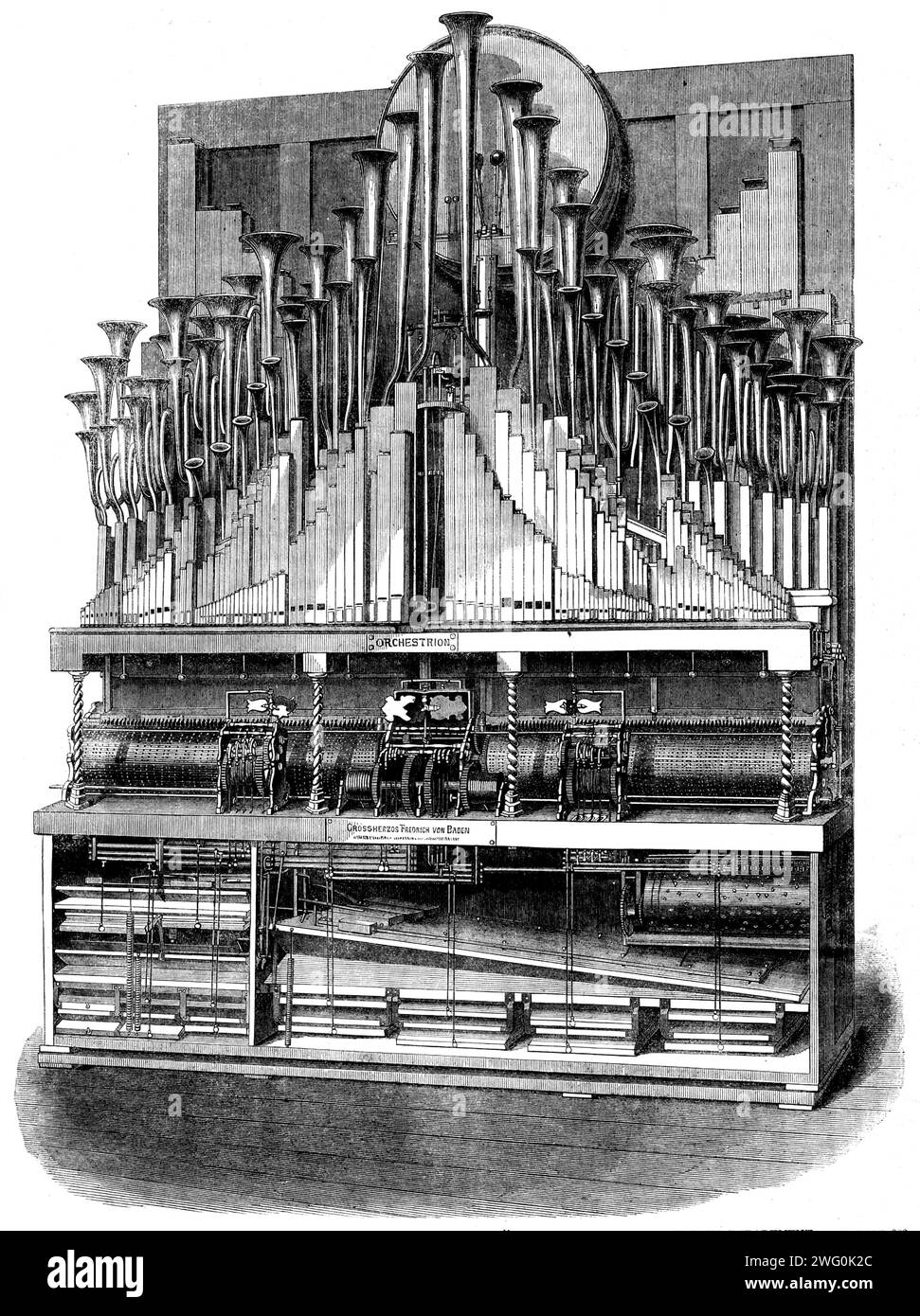 The International Exhibition: the orchestrion, by M. Welte, of V&#xf6;hrenbach, in the Zollverein Department, 1862. Instrument '...named, &quot;an orchestrion,&quot; from the number of different instruments it plays - producing the effect of a hand or orchestra on a small scale - of very ingenious and elaborate construction...The instrument has 39 barrels, 15 different registers, with 524 pipes - imitating flutes, flageolets, piccolos, oboes, trumpets, horns, trombones, &amp;c....the instrument [also] contains a big-drum, kettle-drum, small military-drum, triangles, and cymbals. The orchestrio Stock Photo