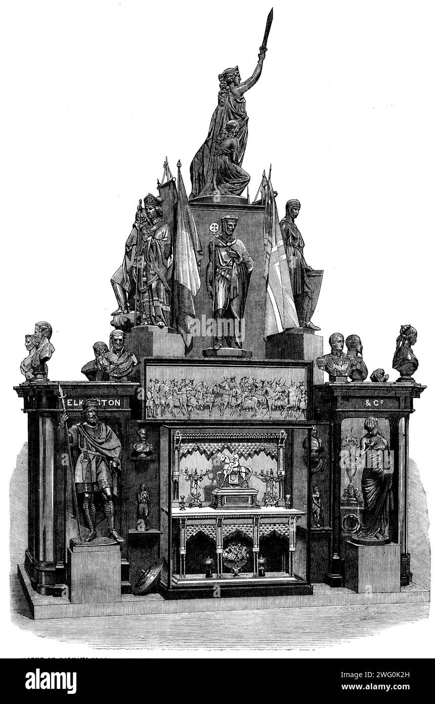 The International Exhibition: trophy of galvano-plastic works of art exhibited by Messrs. Elkington, of Regent-street, 1862. Display of artworks made using '...the new process of electro-deposit, or the galvano-plastic process now so widely used and skilfully applied by the inventors, Messrs Elkington... in Messrs. Elkington's process...there are positively no limits, save that of gigantic size, to the production of works of art...In the view of the case we engrave will be seen a gilt and oxydised table and mirror, executed from original models from the Alhambra. On the table is a silver eques Stock Photo
