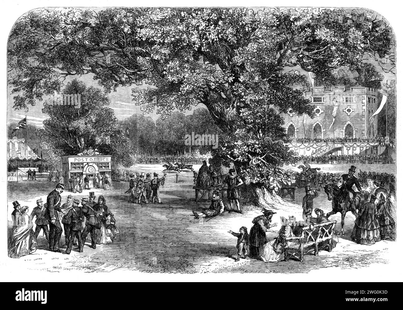 Volunteer fete given by Mr. Harvey, the High Sheriff of Norfolk, at Crown Point, near Norwich: the Sports, 1862. '...the sports...comprised a hurdle-race for mounted volunteers, foot and wheelbarrow races, a post-office, a wheel of fortune, the songs of a band of Christy's minstrels; the comicalities of that most primitive of our dramatic representations, Punch and Judy; conjuring, vaulting, the climbing of greasy poles, and a host of other amusements...The festivities closed, soon after nightfall, with a magnificent display of fireworks, by Mr. Tucker, of the Cremorne Gardens. Thus ended a fe Stock Photo