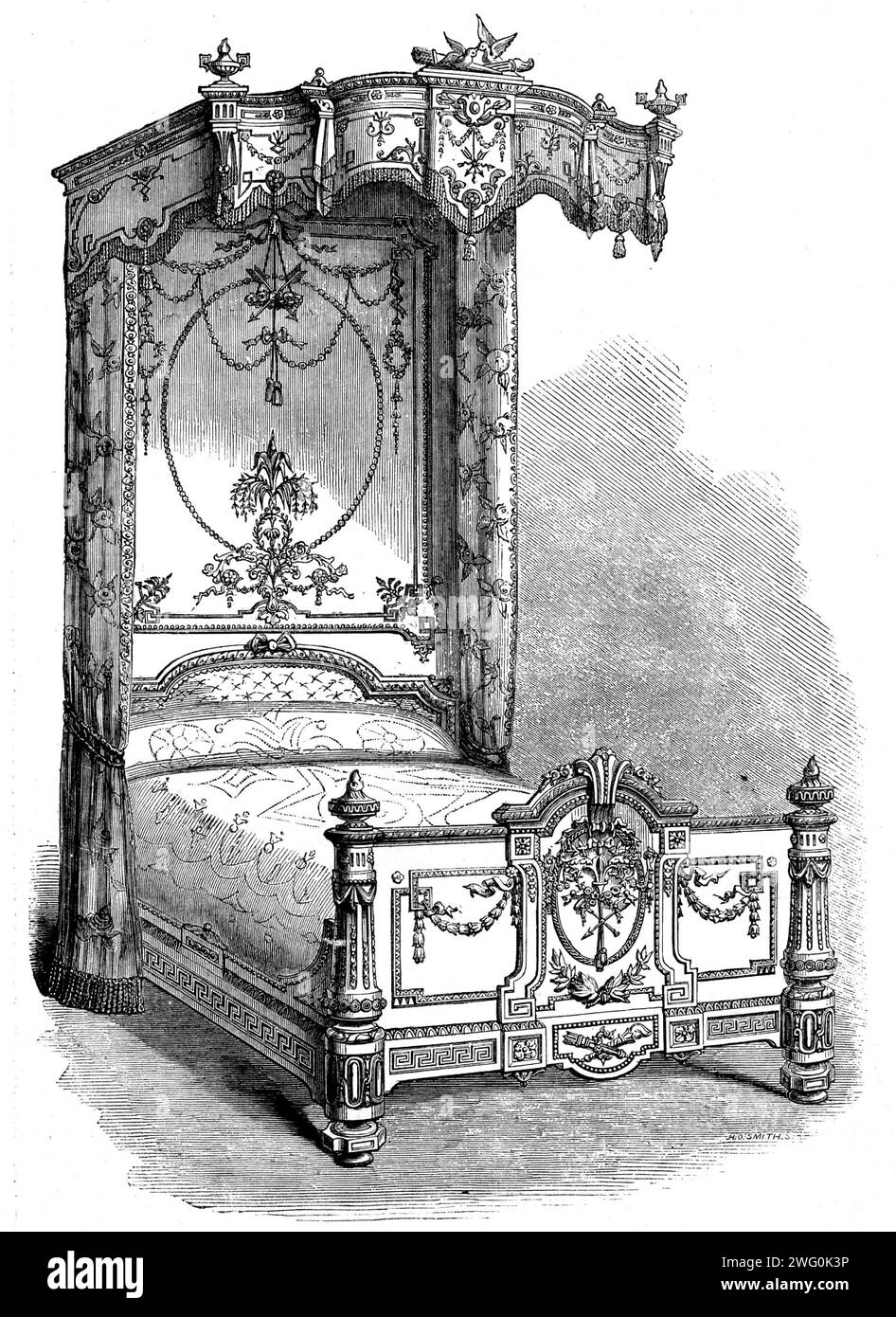The International Exhibition: bedstead in the Furniture Court by Heal and Son, Tottenham-Court-road, 1862. 'On the centre of the canopy rest two cooing doves enjoying each other's caresses, a quiver of love darts ready to he hurled forth...Beneath this, on the damask hanging, is a pair of arrows braided together, pendent from festoons of flowers, and these darts are again repeated on the damask at the head of the bed, where they are encompassed by a wreath of roses, and lower upon the same surface there is a bow of ribbon securely notted [sic] and binding two tassels together...at the foot of Stock Photo