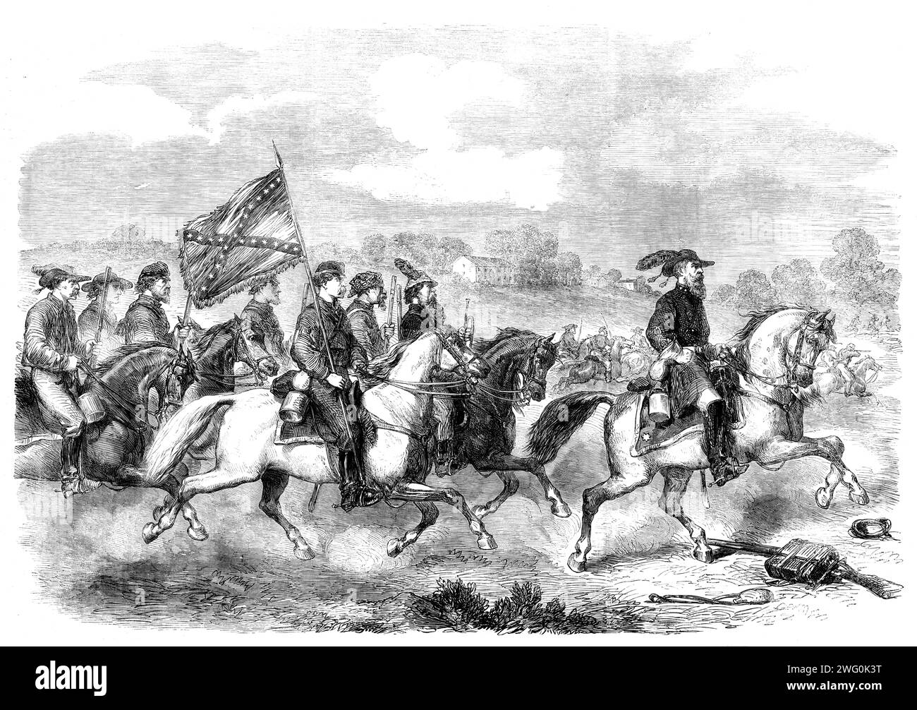 The Civil War in America: General Stuart (Confederate) with his cavalry scouting in the neighbourhood of Culpepper Courthouse - from a sketch by our special artist, 1862. 'Our Special Artist in America has sent to us an illustration...showing the Confederate scouting party under General Stuart, skirmishing with a portion of General Pope's army in the neighbourhood of Culpepper Courthouse. General Stuart's fame reached England after his marvellous raid round the extreme right of M'Clellan's army, whilst the latter was threatening Richmond. It is unnecessary to remind our readers of this gallant Stock Photo