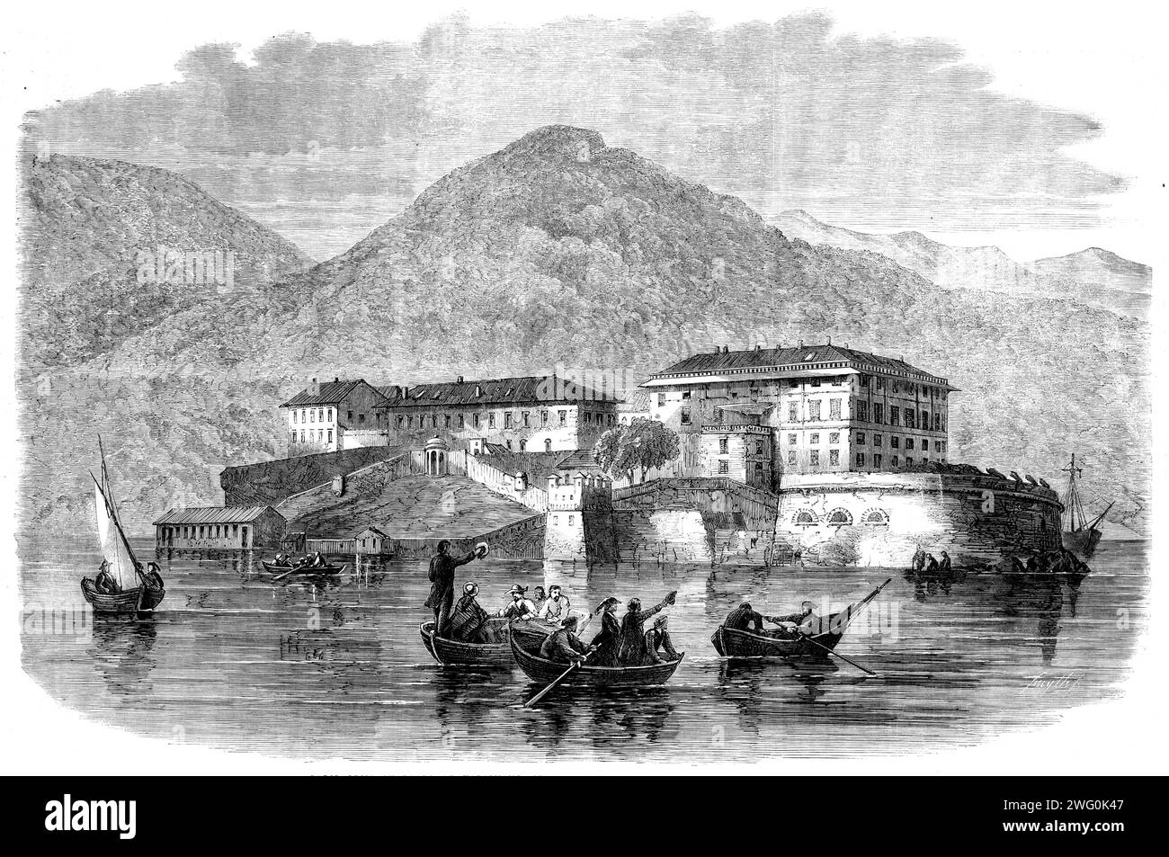 Garibaldi's quarters at Varignano, Spezia - from a sketch by M. Beauc&#xe9;, 1862. 'Varignano [the gaol of &quot;The Prisoner of Italy&quot;] is situated on an inlet of the Gulf of Spezia...Fort Castellane, which stands on the mountains behind the buildings shown in our Engraving...is still preserved...The house...is that of the military Governor, Colonel Santa Rosa...The Governor's residence is the building on the extreme right...and the windows of Garibaldi's apartment are those on the first floor, at the corner...Extremely few persons, beyond relatives and personal attendants, have been all Stock Photo