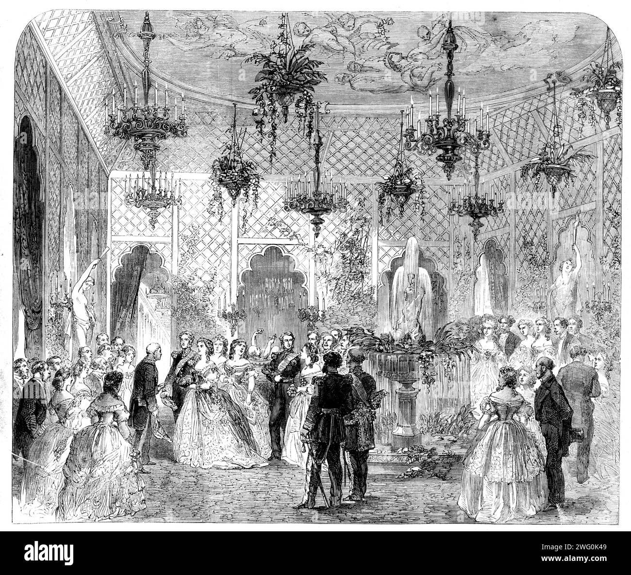 Soir&#xe9;e given...by the Burgomaster and Common Council of Brussels, at the Hotel de Ville, to the members of the Social Science Congress - from a sketch by Mr. Hendrikx, 1862. 'The scene...[in] the Salle Gothique at the moment of the entrance of the Duke and Duchess of Brabant and the Count of Flanders, and their reception by the Burgomaster. The Duke is the most prominent figure in the picture; her Royal and Imperial Highness is leaning upon his arm; the Count of Flandres is following, conducting one of the Court ladies. The two Princes were dressed in the uniform of a General. The Duchess Stock Photo