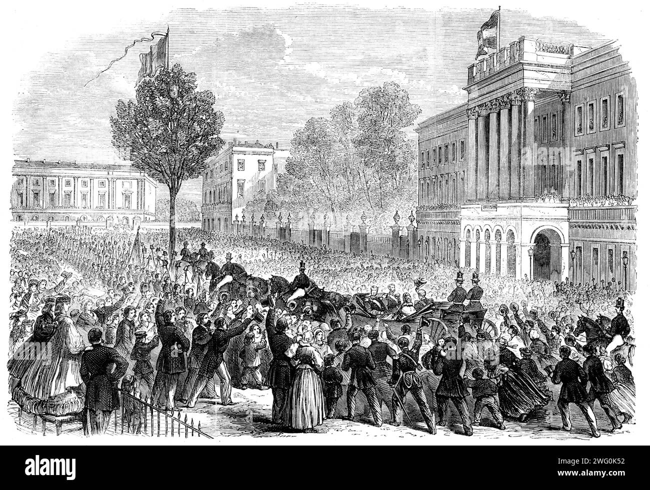 King Leopold's public entry into Brussels&#x2026;arrival of His Majesty at the palace - from a sketch by Mr. Hendrikx, 1862. 'The population...thronged the roads and streets appointed for the Royal route...The King, though somewhat pale, looked remarkably well and robust, considering the length and nature of his painful malady. He seemed at times almost overcome by the affectionate manifestations of welcome which greeted him on all sides...The whole scene was one of surpassing brilliancy, the houses and trees being profusely ornamented with the national colours...Salvoes of artillery, and the Stock Photo