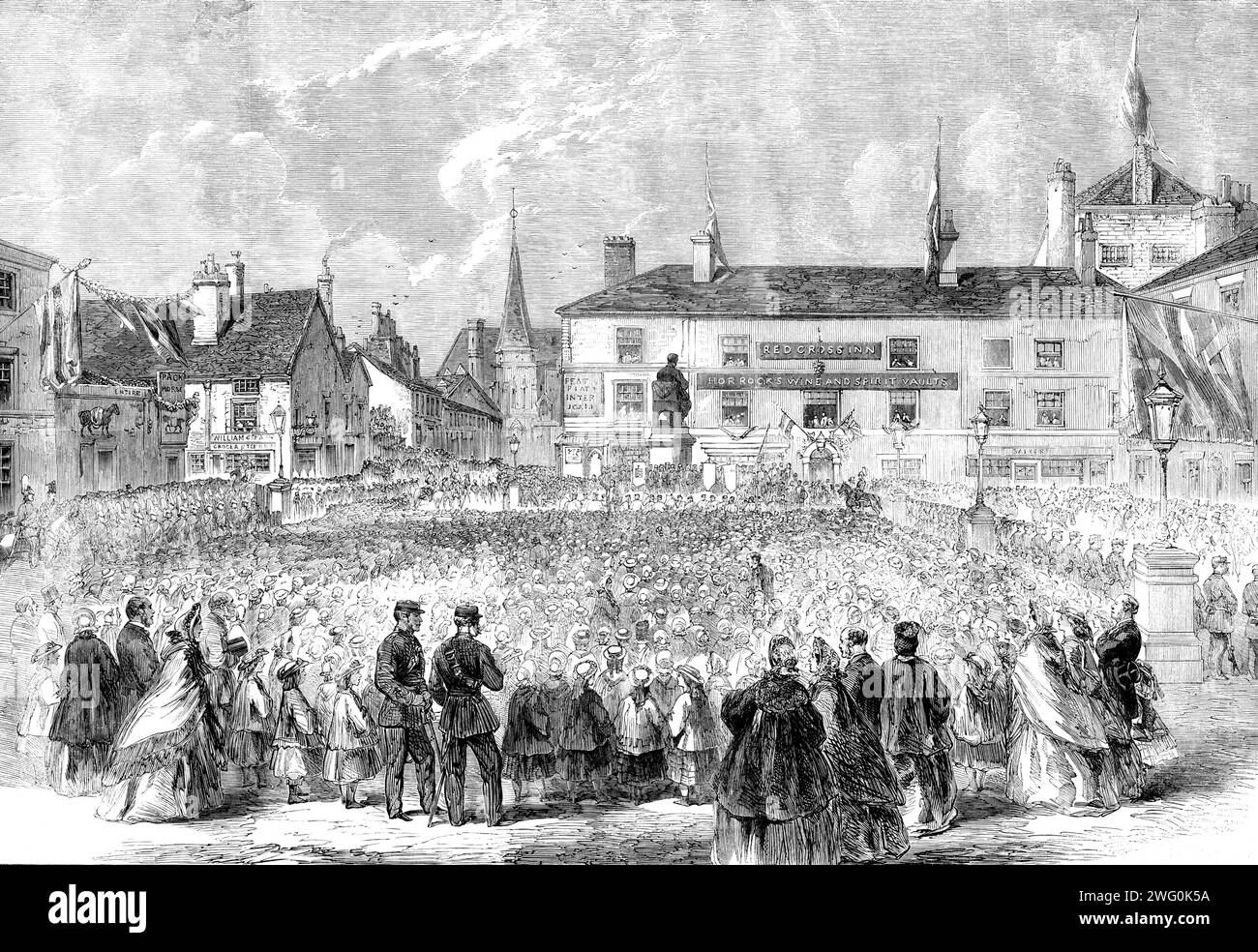 Inauguration of the statue to Samuel Crompton, inventor of the spinning-mule, in Nelson-square, Bolton: Sunday-school children singing the national anthem, 1862. 'The mills were all closed, and large numbers...[of people] crowded the streets...[The statue] is a seated figure of Crompton, by W. Calder Marshall, R.A., and is executed in electro-plated bronze, by Elkingtons, of Birmingham. The likeness is taken from a portrait of Crompton, painted during his lifetime, and from a cast taken at his death by Baily...Mr. Henry Ashworth, cotton-spinner...addressed the assemblage, giving a brief descri Stock Photo