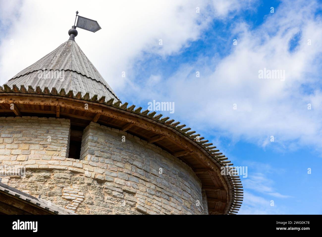 Stone tower of an old fortress. Kremlin of Pskov, Russia. Classical Russian ancient architecture Stock Photo
