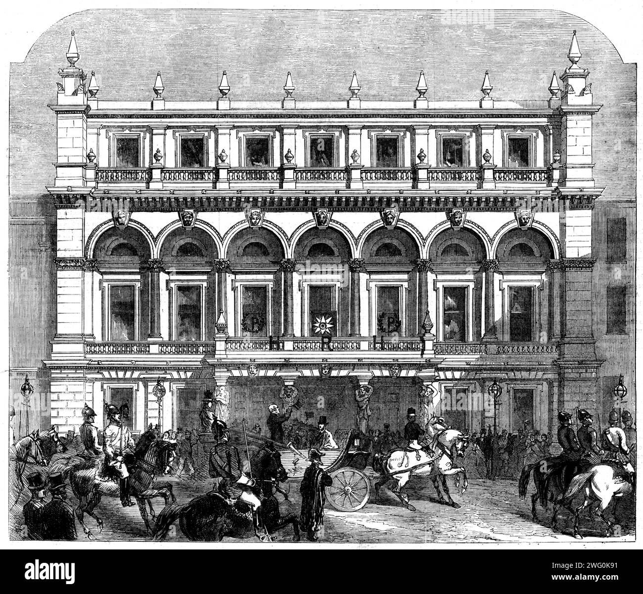 The opening of the Hartley Institution at Southampton by Lord Palmerston: arrival of His Lordship at the Institution, 1862. 'A large body of the inhabitants...assembled...to welcome his Lordship [the British prime minister], who was greeted with the warmest enthusiasm. The approach of the carriage of the noble Lord was the signal for vociferous cheering, while the band of the Coldstream Guards, of her Majesty's ship Boscawen, of the Volunteer Artillery Corps, of the Foresters, Royal Marines, Odd Fellows, and Hants Yeomanry, struck up a lively strain...The bells of the different churches were a Stock Photo