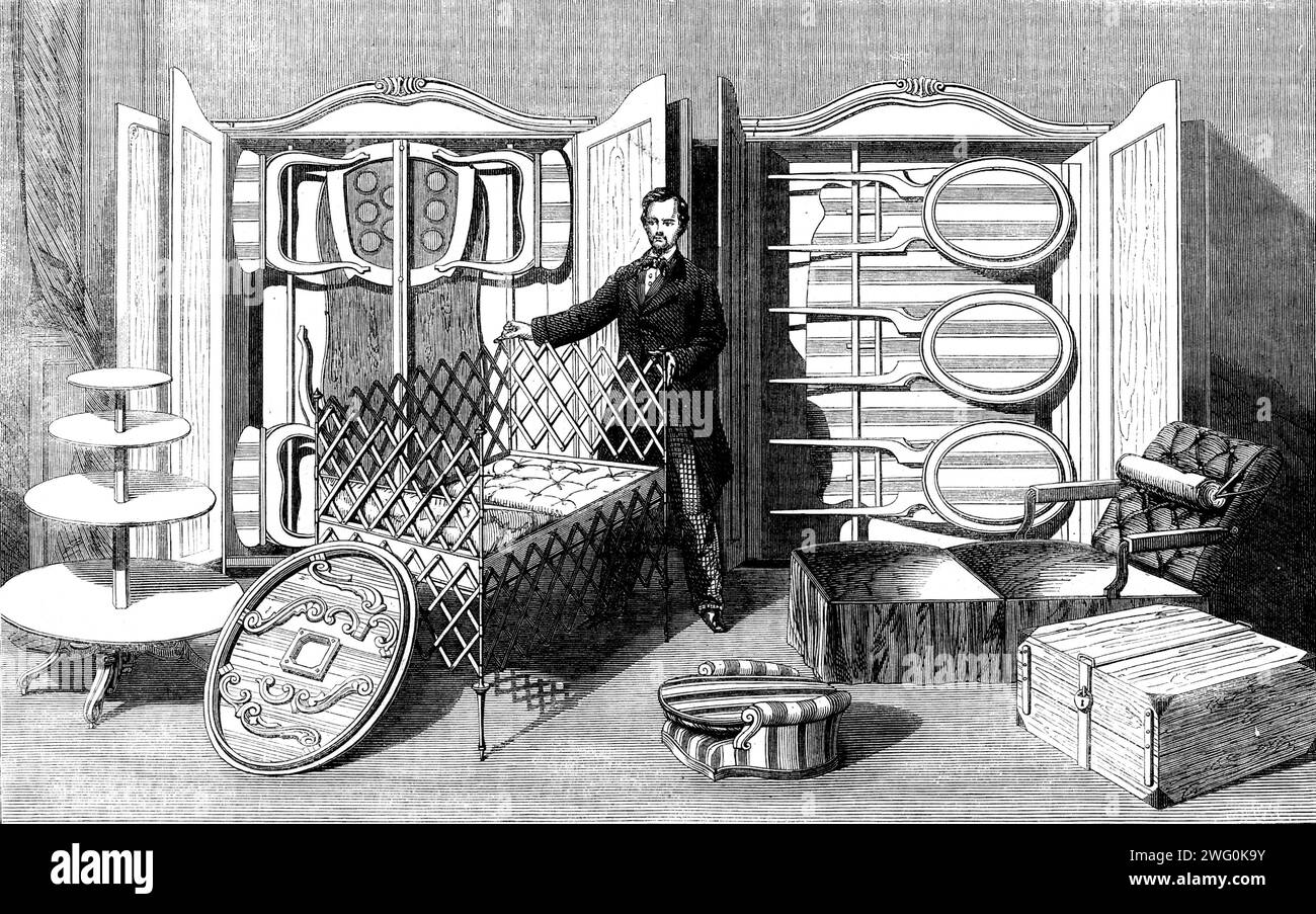 The International Exhibition: patent folding furniture by Mannstein of Vienna, 1862. Precursor of flat-pack furniture. From &quot;Illustrated London News&quot;, 1862. Stock Photo