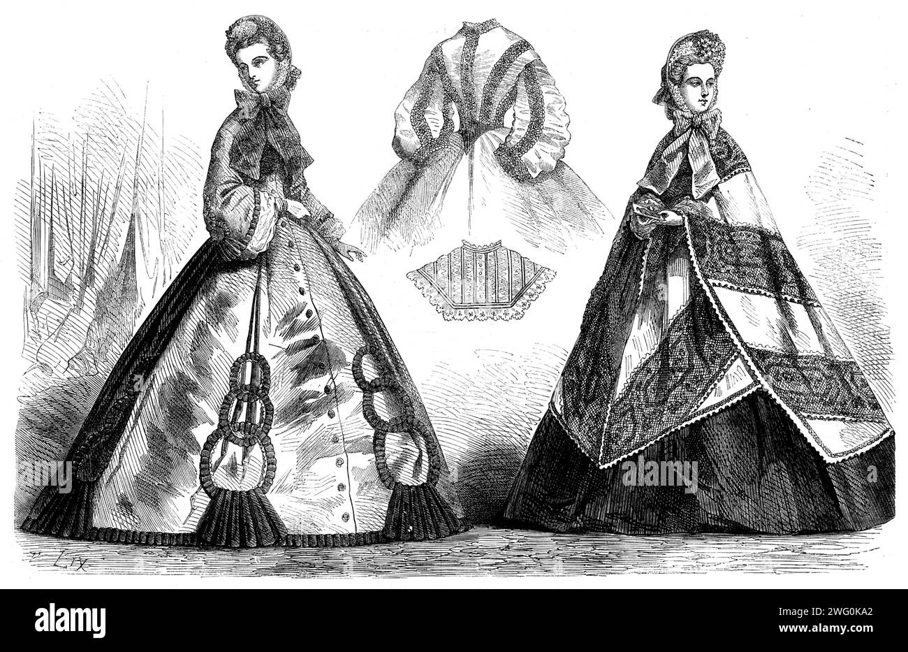 Paris fashions for November, 1862.  'Fig. 1. Visiting Dress. Robe of plain mauve silk, trimmed with six triple-ringed passementerie ornaments on the skirt...Attached to each bottom ring of the passementerie is a plaited ornament in blue velvet, made to fall over the ruching. The entire dress is of the so-called paletot form - that is to say, seamless at the waist, and, consequently, without waistband. The outline of the open sleeve is trimmed with...velvet ruching...Blue crape bonnet, with feathers and black aigrette. Fig. 2. Walking Dress. Robe of black moire antique. The principal feature... Stock Photo