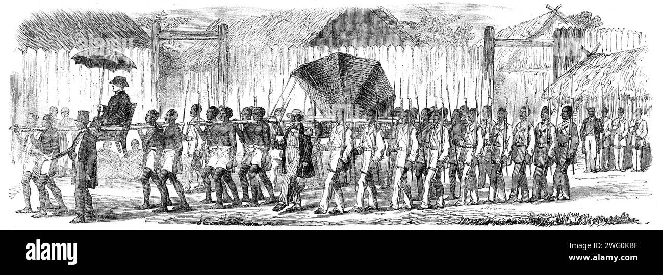 Procession of the British Envoys to Madagascar from the seashore to the Fort of Tamatave to dine with the Governor of Tamatave, 1862. Engraving from a drawing by Lieutenant P. P. Oliver, of the Royal Artillery. 'Dr. Ryan, Bishop of Mauritius; Major Johnstone in palankeen, escorted by a guard of Hovas...After Captain Anson came Dr. Ryan, Lord Bishop of Mauritius, with his Malayash scripture-reader; and to them succeeded Major-General Johnstone, in a large palanquin, with hood to it, borne by eight men, and attended by a Captain's Guard of Hovas - the most powerful, industrious, and civilised tr Stock Photo