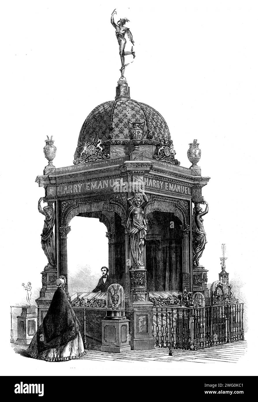 The International Exhibition: Mr. Harry Emanuel's Trophy, 1862. '...the trophy...was composed of wood stained to look like ebony, inlaid with marble and enriched with bronze. Its form was square, and at the angles were placed plinths, supporting...caryatides, representing the Seasons. Over the carved cornice is a light and elegant dome, on the summit of which is a bronze copy of the celebrated and well-known Mercury (by John of Bologna), a hackneyed but very graceful figure, representing the God of Trade and Theft...Three sides of the trophy contained cases wherein several remarkable and fine Stock Photo